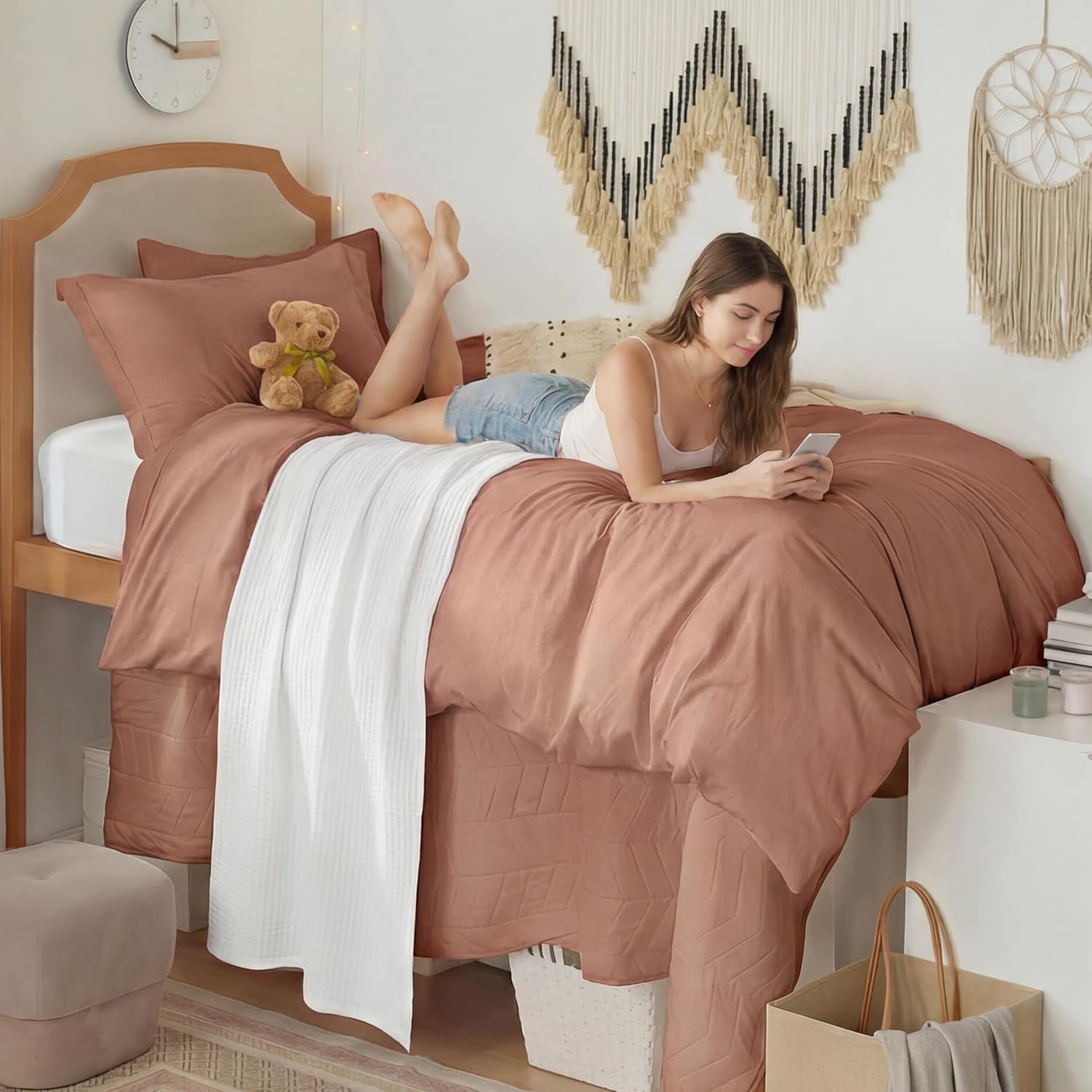 image:imageBedsure Tan Gingham Ruffle Duvet Cover SetVintage Farmhouse Bedding Queen02 Mocha Mousse No Comforter