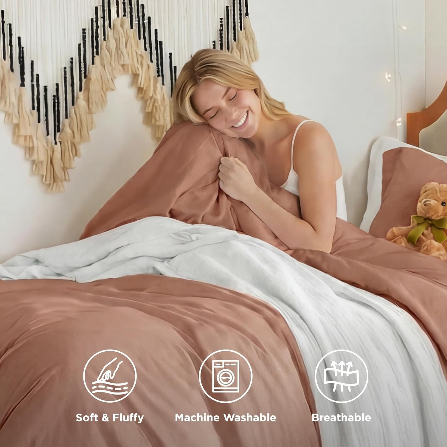 image:imageBedsure Tan Gingham Ruffle Duvet Cover SetVintage Farmhouse Bedding Queen02 Mocha Mousse No Comforter