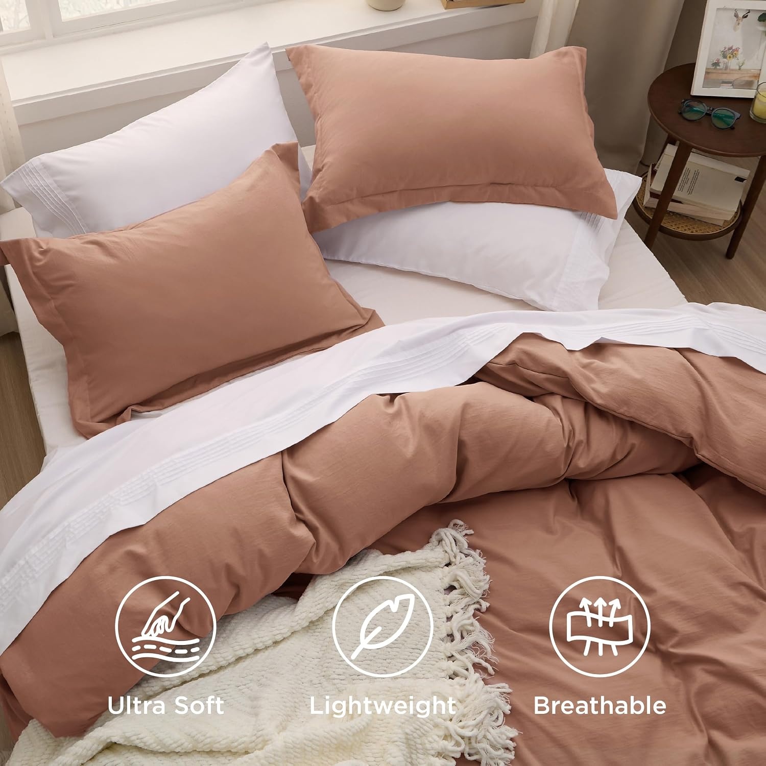 image:imageBedsure Tan Gingham Ruffle Duvet Cover SetVintage Farmhouse Bedding Queen02 Mocha Mousse No Comforter