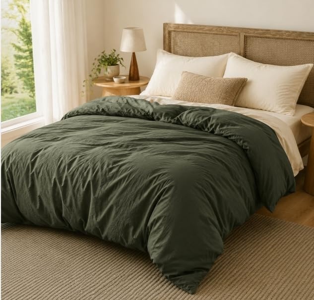 image:imageBedsure Tan Gingham Ruffle Duvet Cover SetVintage Farmhouse Bedding Queen03 Olive Green No Comforter