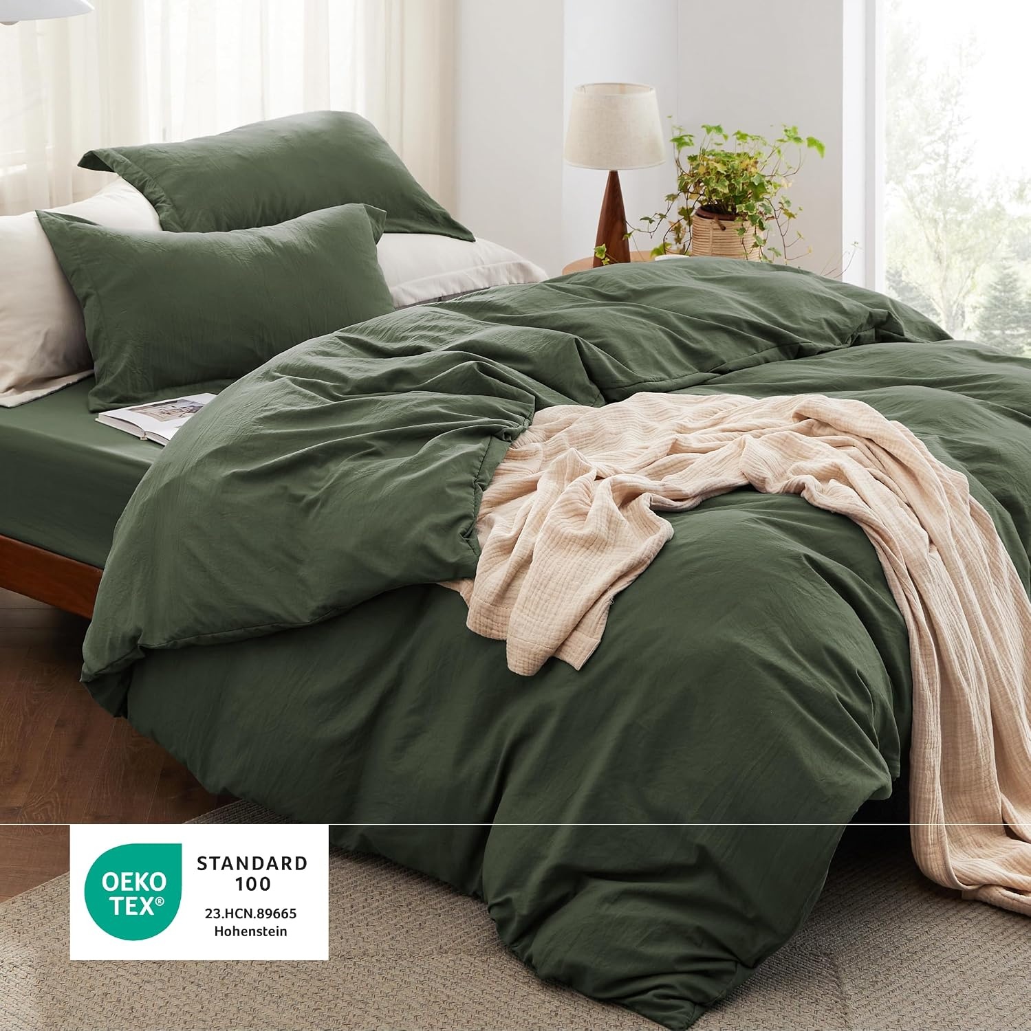 image:imageBedsure Tan Gingham Ruffle Duvet Cover SetVintage Farmhouse Bedding Queen03 Olive Green No Comforter