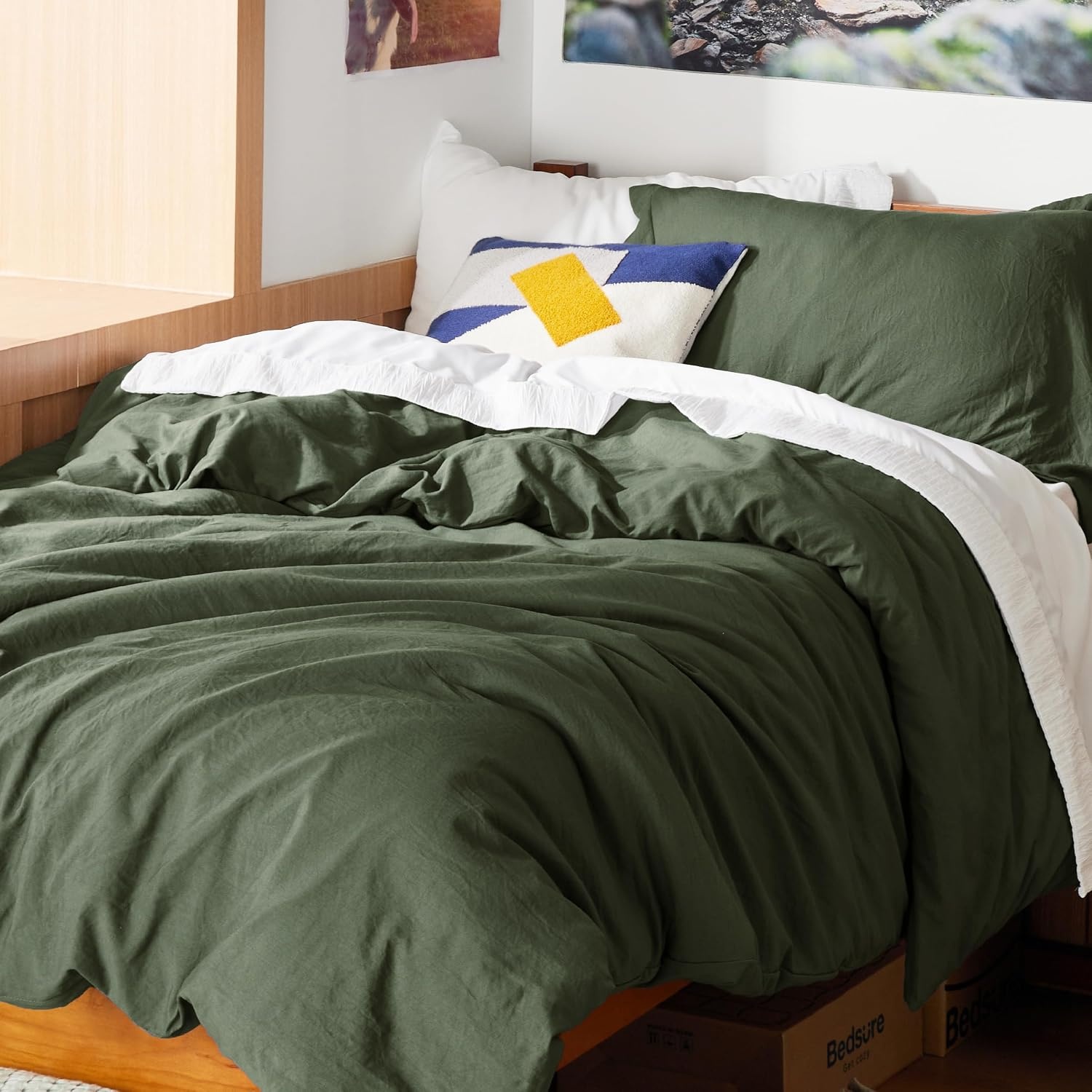 image:imageBedsure Tan Gingham Ruffle Duvet Cover SetVintage Farmhouse Bedding Queen03 Olive Green No Comforter