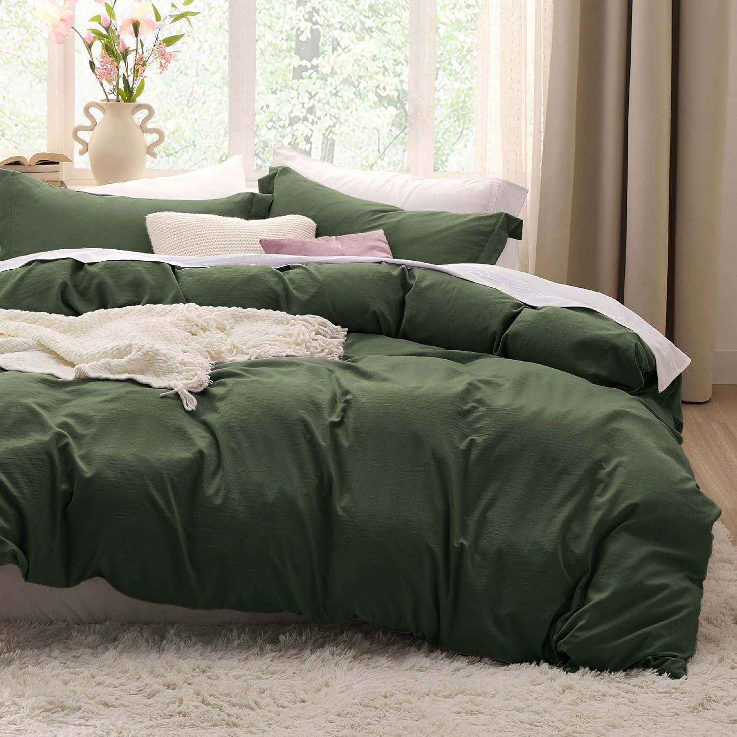 image:imageBedsure Tan Gingham Ruffle Duvet Cover SetVintage Farmhouse Bedding Queen03 Olive Green No Comforter