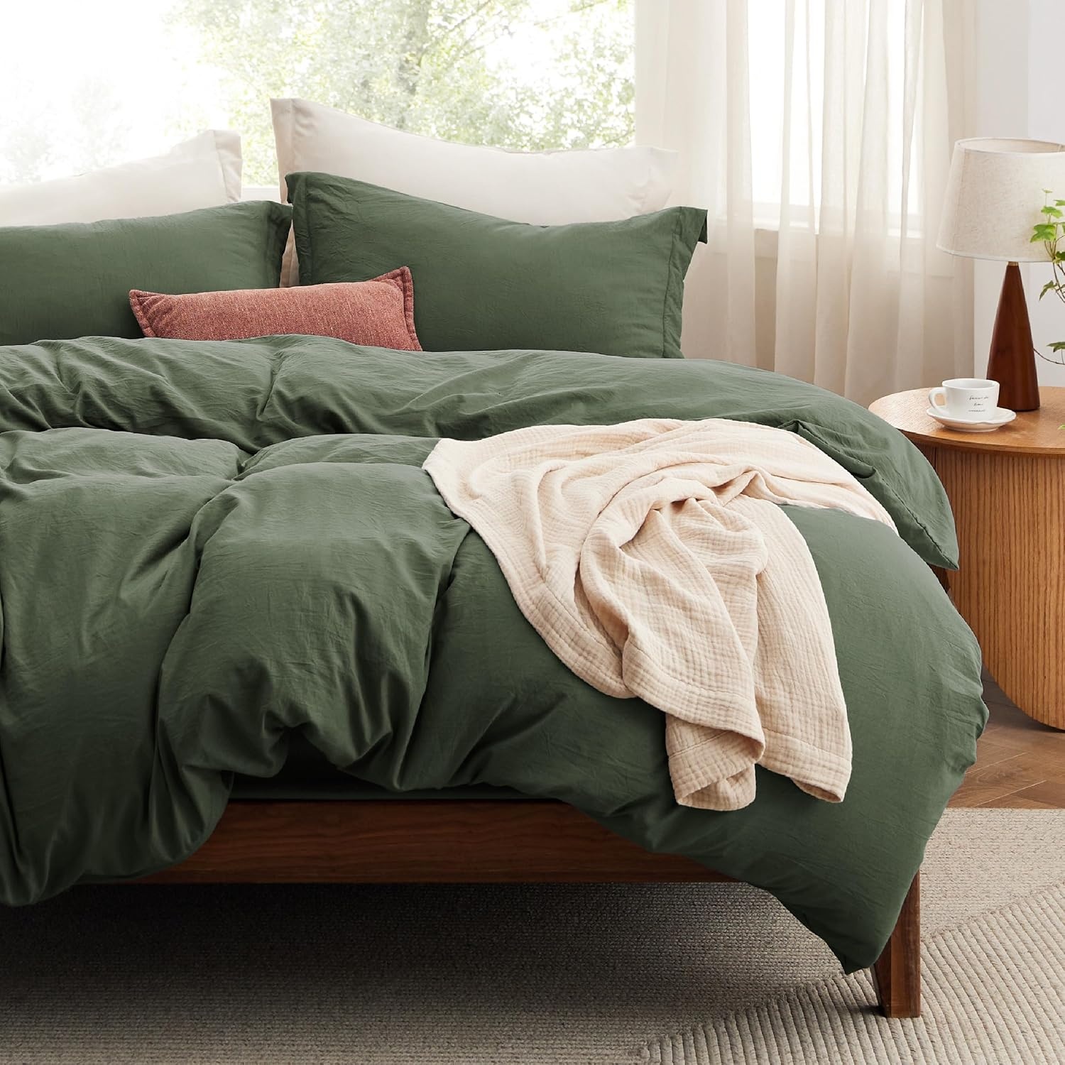image:imageBedsure Tan Gingham Ruffle Duvet Cover SetVintage Farmhouse Bedding Queen03 Olive Green No Comforter