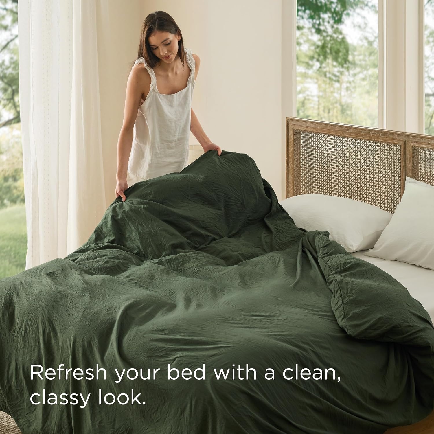 image:imageBedsure Tan Gingham Ruffle Duvet Cover SetVintage Farmhouse Bedding Queen03 Olive Green No Comforter