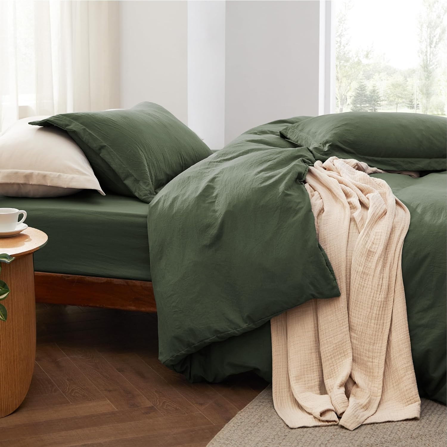image:imageBedsure Tan Gingham Ruffle Duvet Cover SetVintage Farmhouse Bedding Queen03 Olive Green No Comforter
