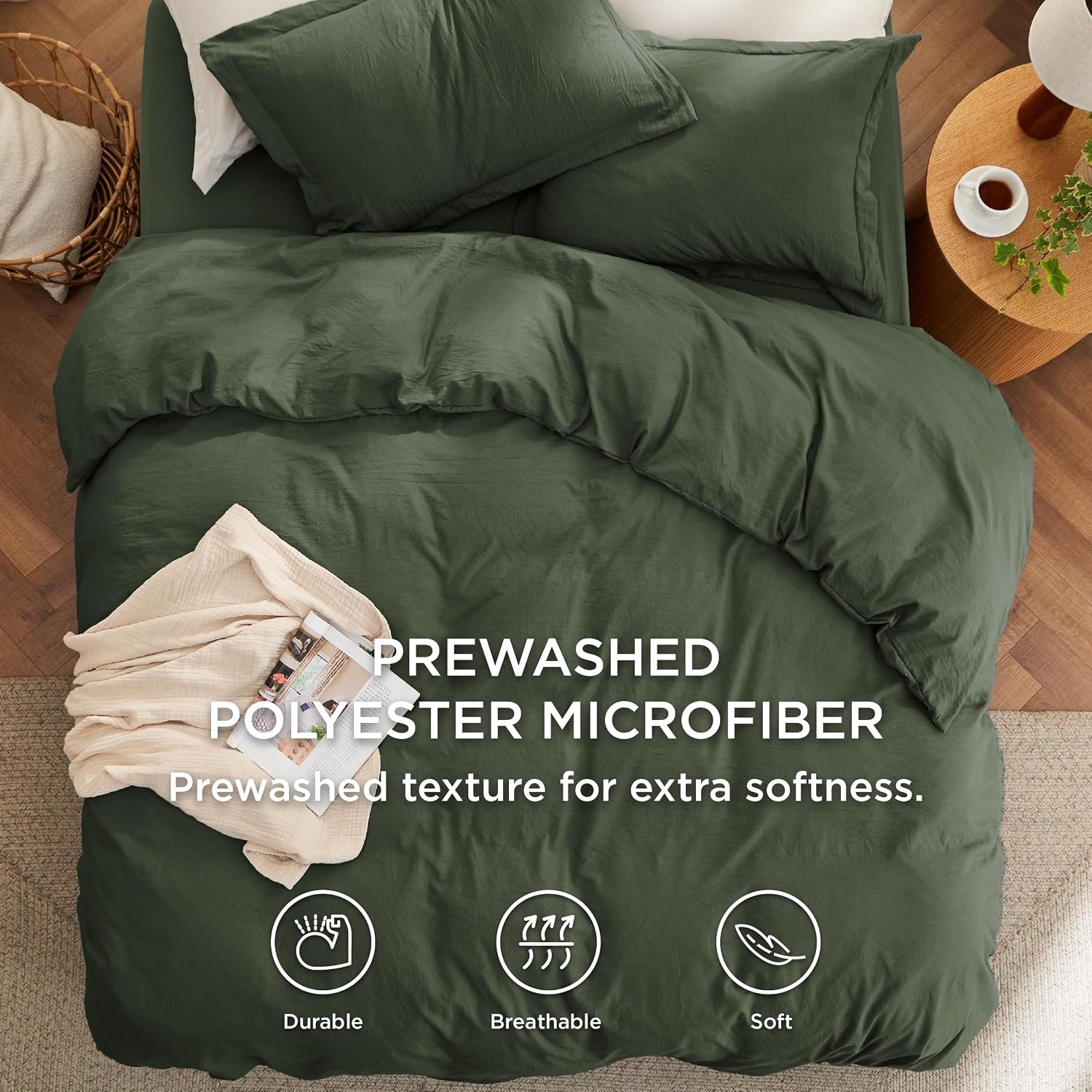 image:imageBedsure Tan Gingham Ruffle Duvet Cover SetVintage Farmhouse Bedding Queen03 Olive Green No Comforter