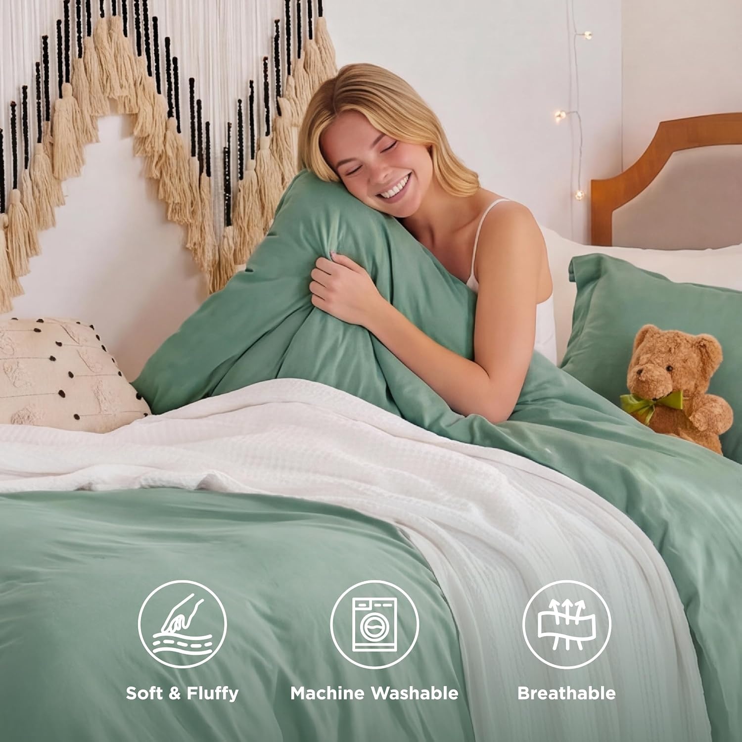 image:imageBedsure Tan Gingham Ruffle Duvet Cover SetVintage Farmhouse Bedding Queen03 Sage Green No Comforter