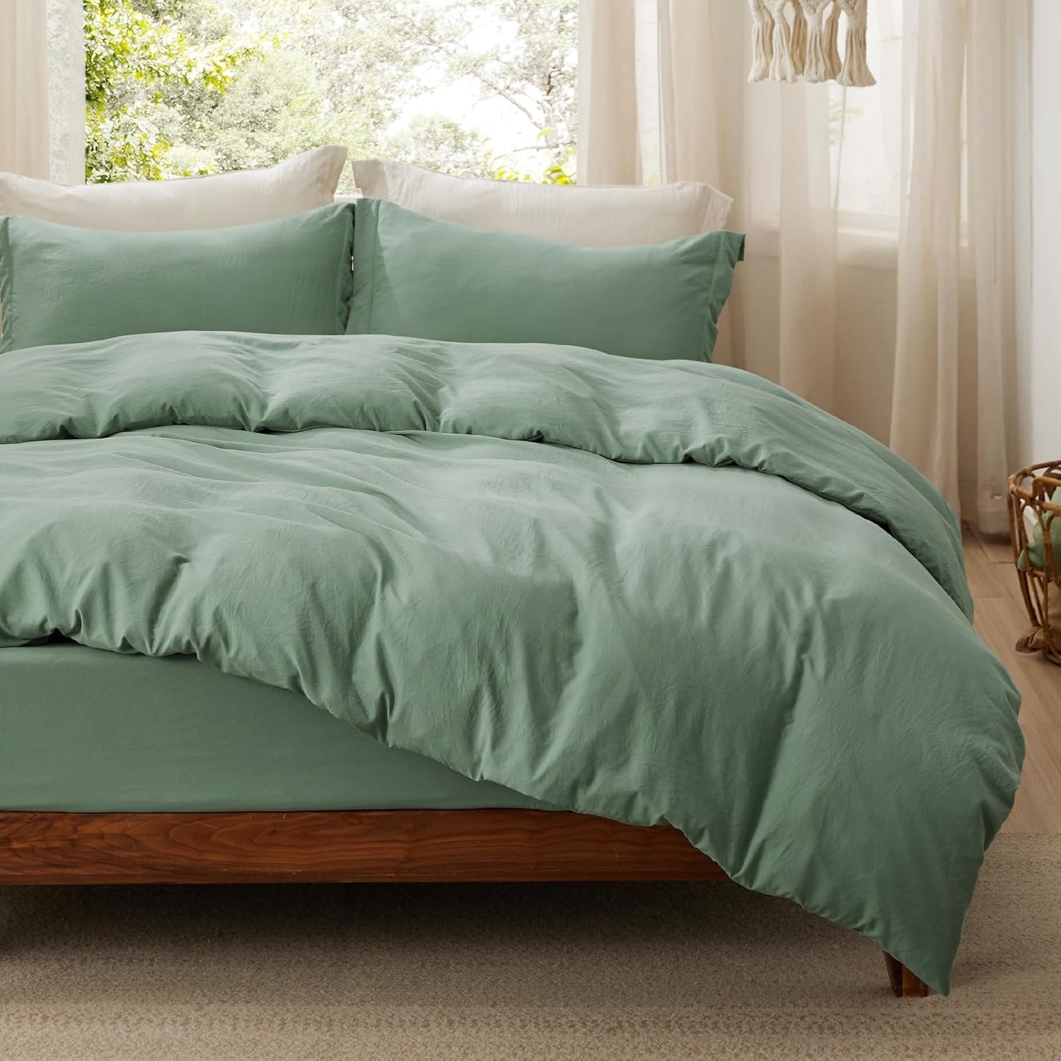 image:imageBedsure Tan Gingham Ruffle Duvet Cover SetVintage Farmhouse Bedding Queen03 Sage Green No Comforter