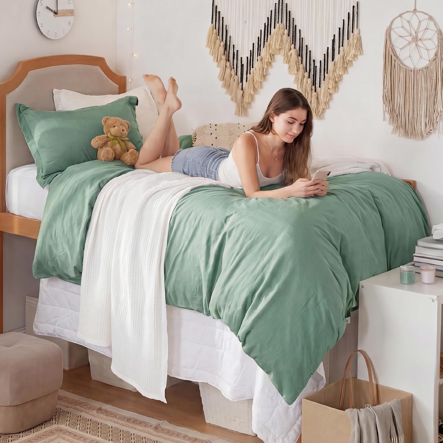 image:imageBedsure Tan Gingham Ruffle Duvet Cover SetVintage Farmhouse Bedding Queen03 Sage Green No Comforter
