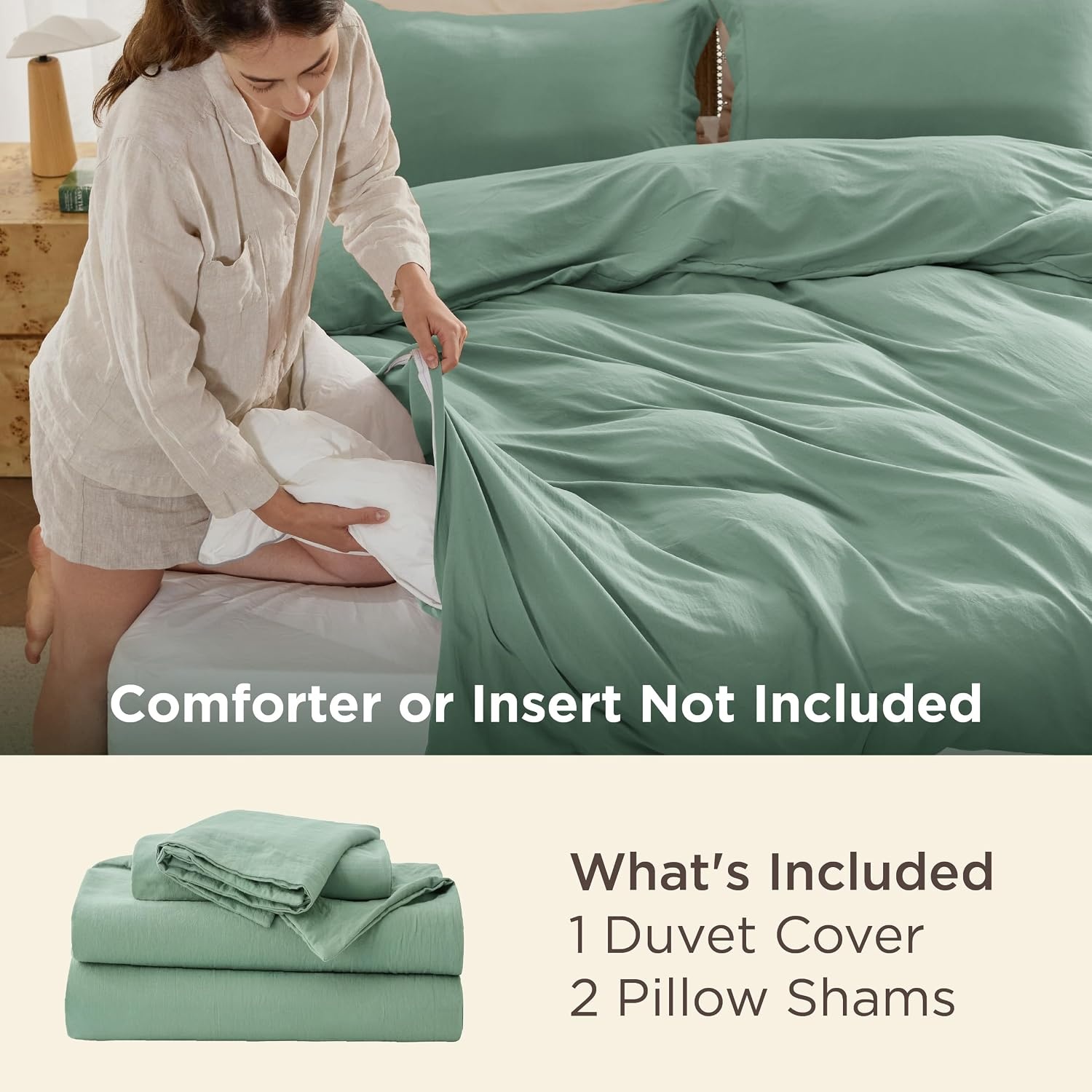 image:imageBedsure Tan Gingham Ruffle Duvet Cover SetVintage Farmhouse Bedding Queen03 Sage Green No Comforter