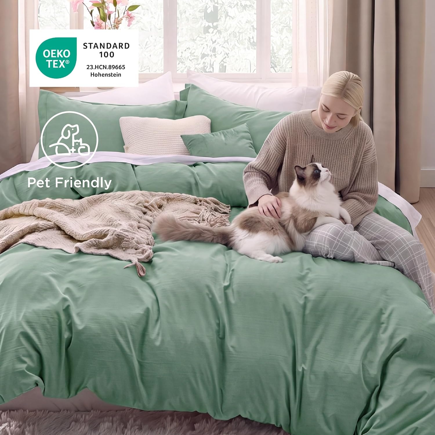 image:imageBedsure Tan Gingham Ruffle Duvet Cover SetVintage Farmhouse Bedding Queen03 Sage Green No Comforter