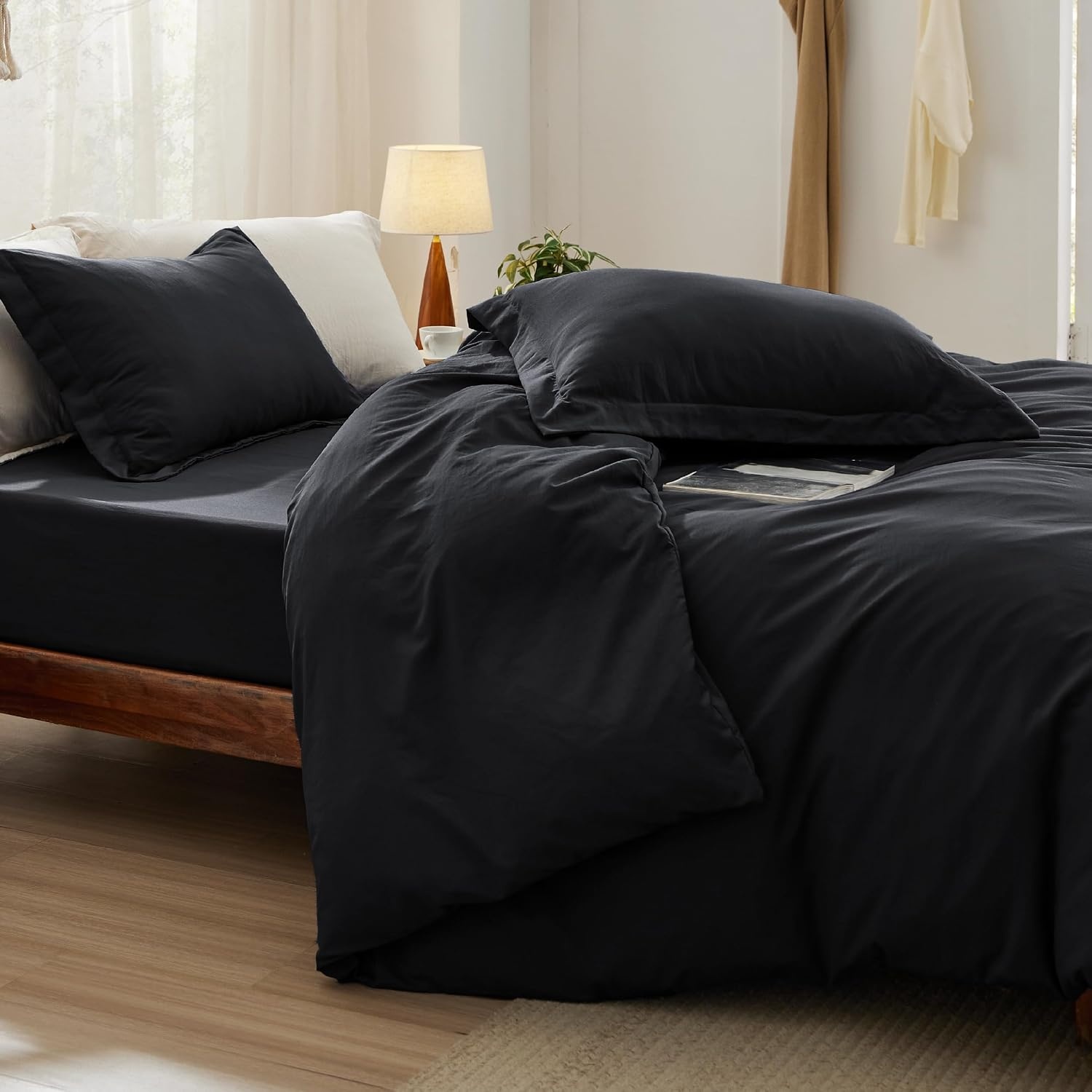 image:imageBedsure Tan Gingham Ruffle Duvet Cover SetVintage Farmhouse Bedding Queen04 Black No Comforter