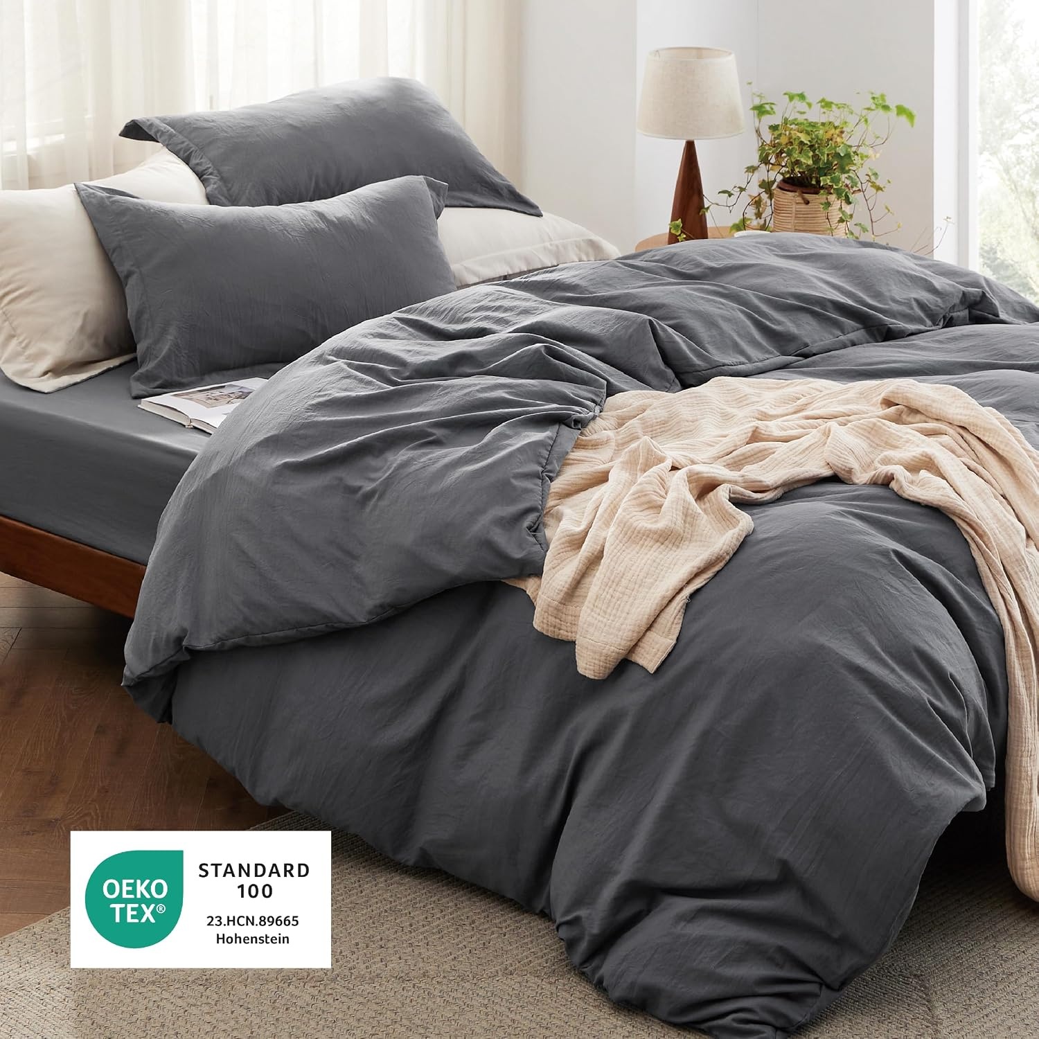 image:imageBedsure Tan Gingham Ruffle Duvet Cover SetVintage Farmhouse Bedding Queen04 Dark Grey No Comforter