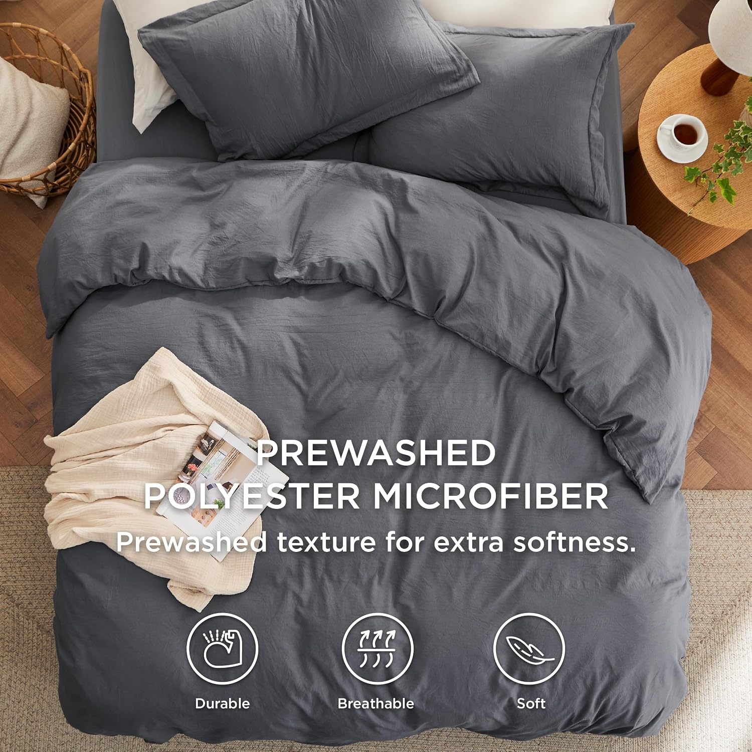 image:imageBedsure Tan Gingham Ruffle Duvet Cover SetVintage Farmhouse Bedding Queen04 Dark Grey No Comforter