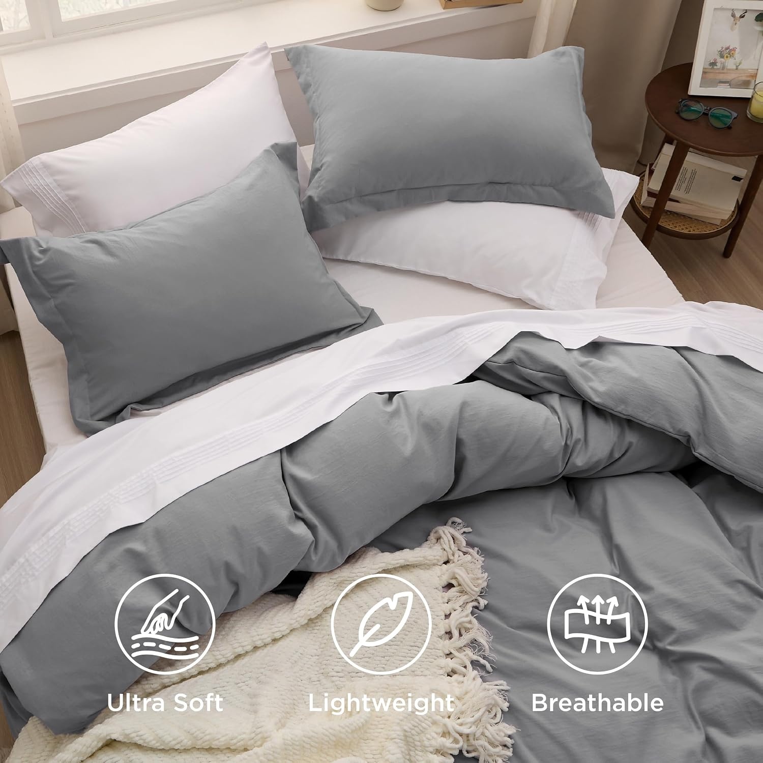 image:imageBedsure Tan Gingham Ruffle Duvet Cover SetVintage Farmhouse Bedding Queen04 Grey No Comforter