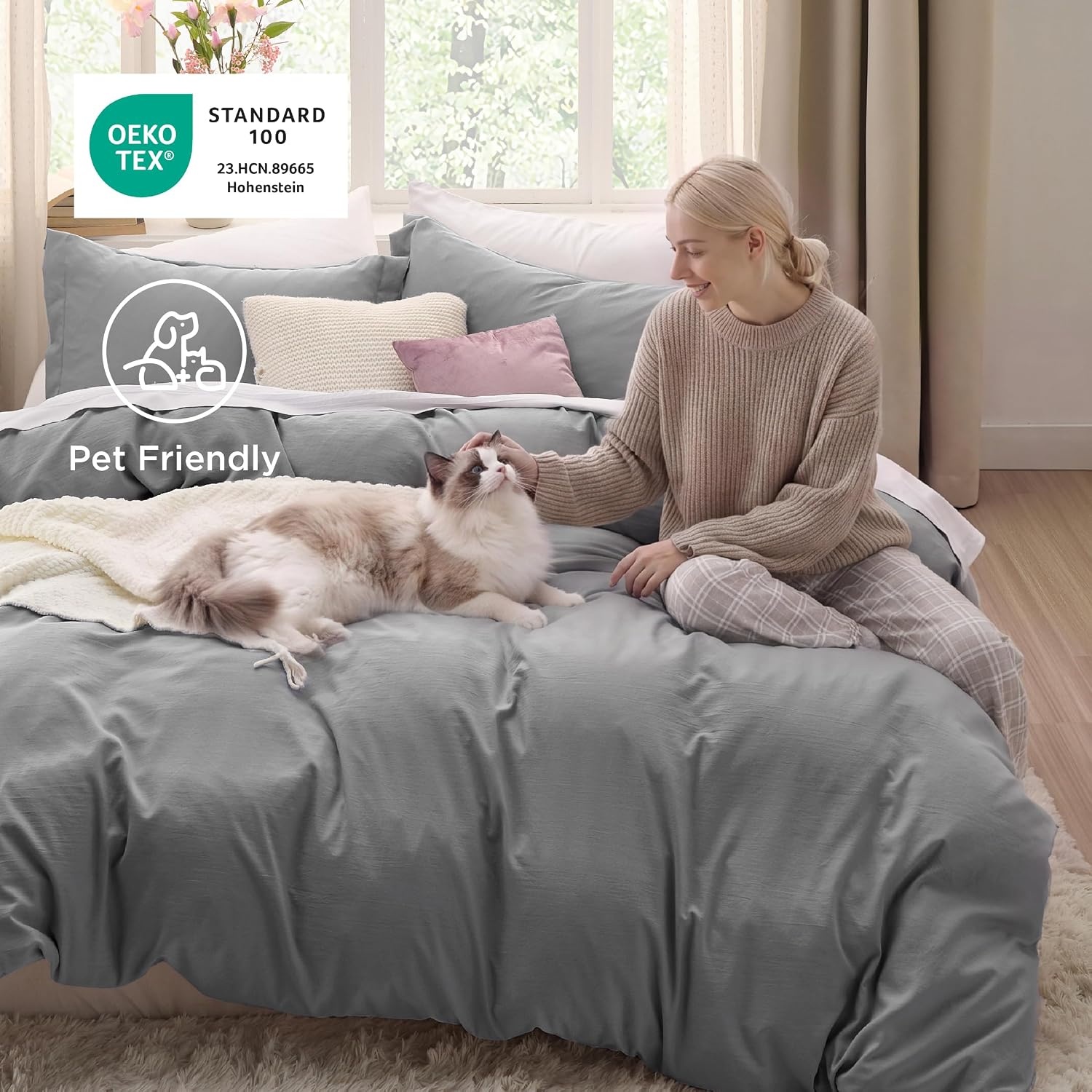 image:imageBedsure Tan Gingham Ruffle Duvet Cover SetVintage Farmhouse Bedding Queen04 Grey No Comforter