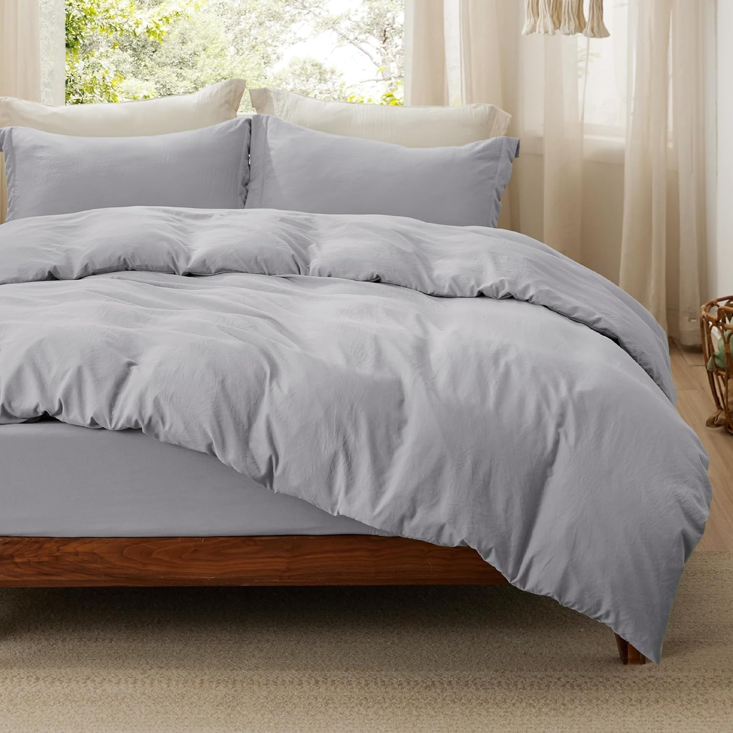 image:imageBedsure Tan Gingham Ruffle Duvet Cover SetVintage Farmhouse Bedding Queen04 Light Grey No Comforter