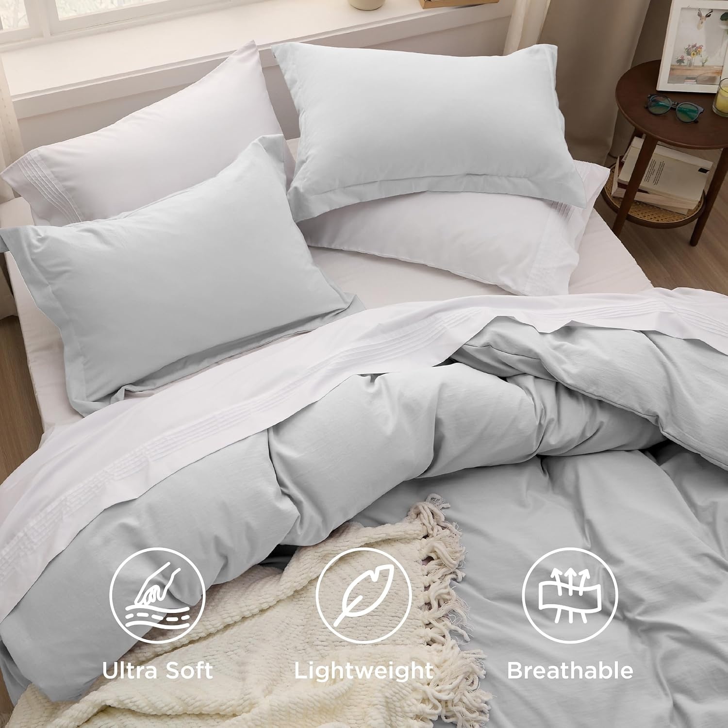 image:imageBedsure Tan Gingham Ruffle Duvet Cover SetVintage Farmhouse Bedding Queen04 Light Grey No Comforter