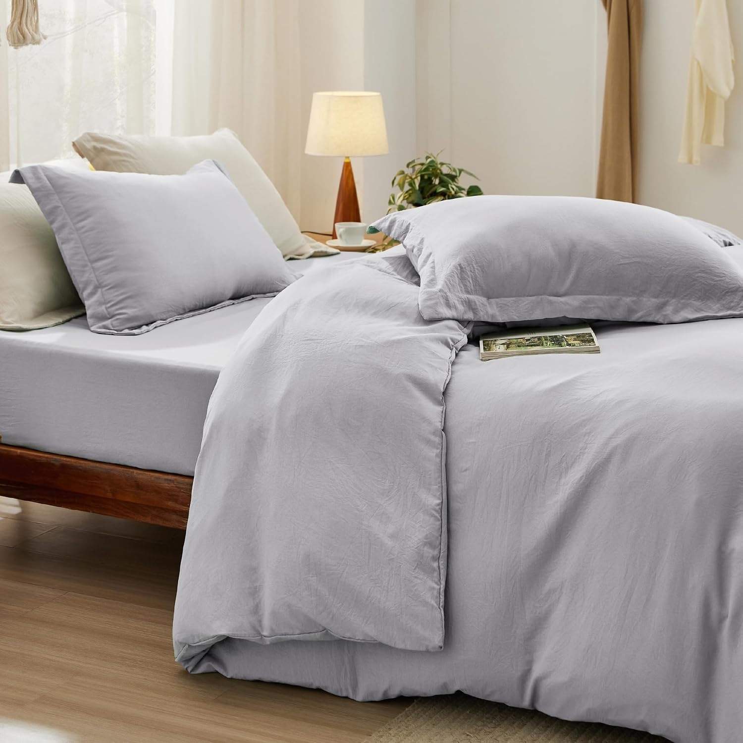 image:imageBedsure Tan Gingham Ruffle Duvet Cover SetVintage Farmhouse Bedding Queen04 Light Grey No Comforter