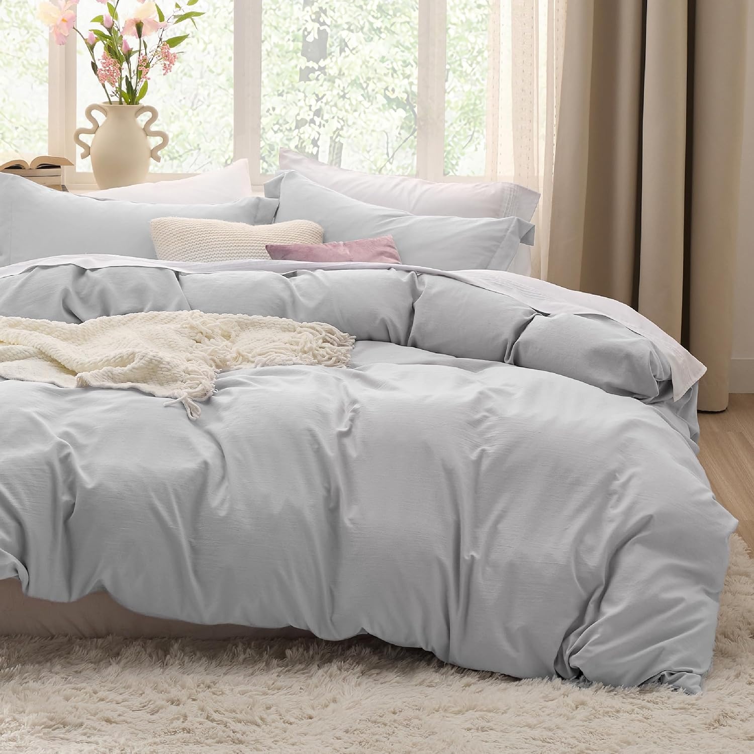 image:imageBedsure Tan Gingham Ruffle Duvet Cover SetVintage Farmhouse Bedding Queen04 Light Grey No Comforter