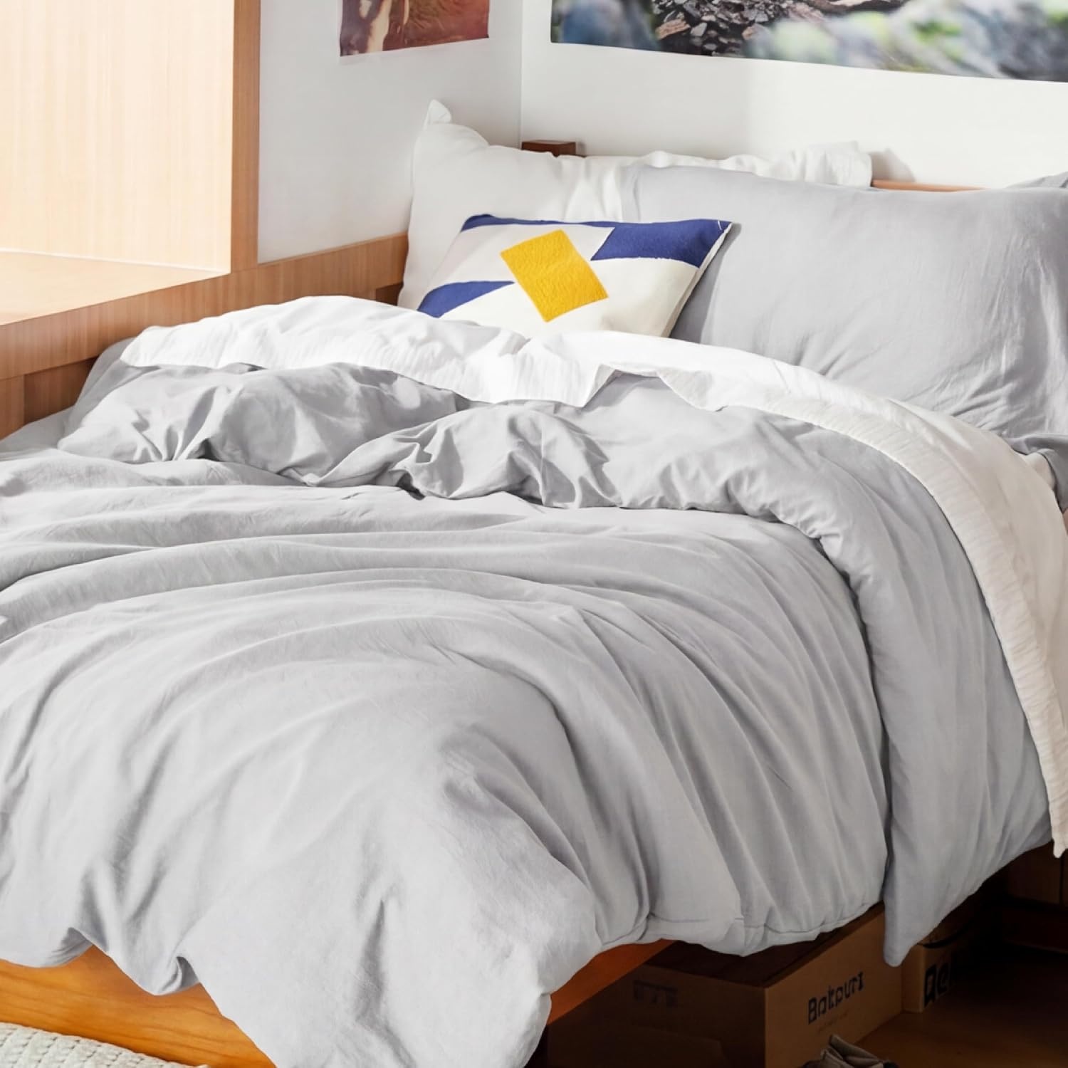 image:imageBedsure Tan Gingham Ruffle Duvet Cover SetVintage Farmhouse Bedding Queen04 Light Grey No Comforter