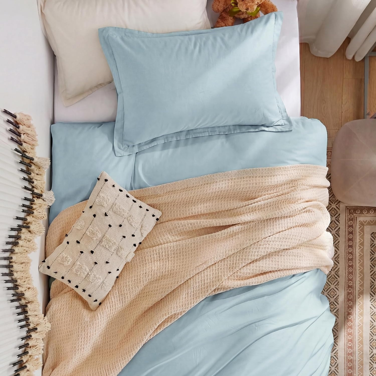 image:imageBedsure Tan Gingham Ruffle Duvet Cover SetVintage Farmhouse Bedding Queen05 Baby Blue