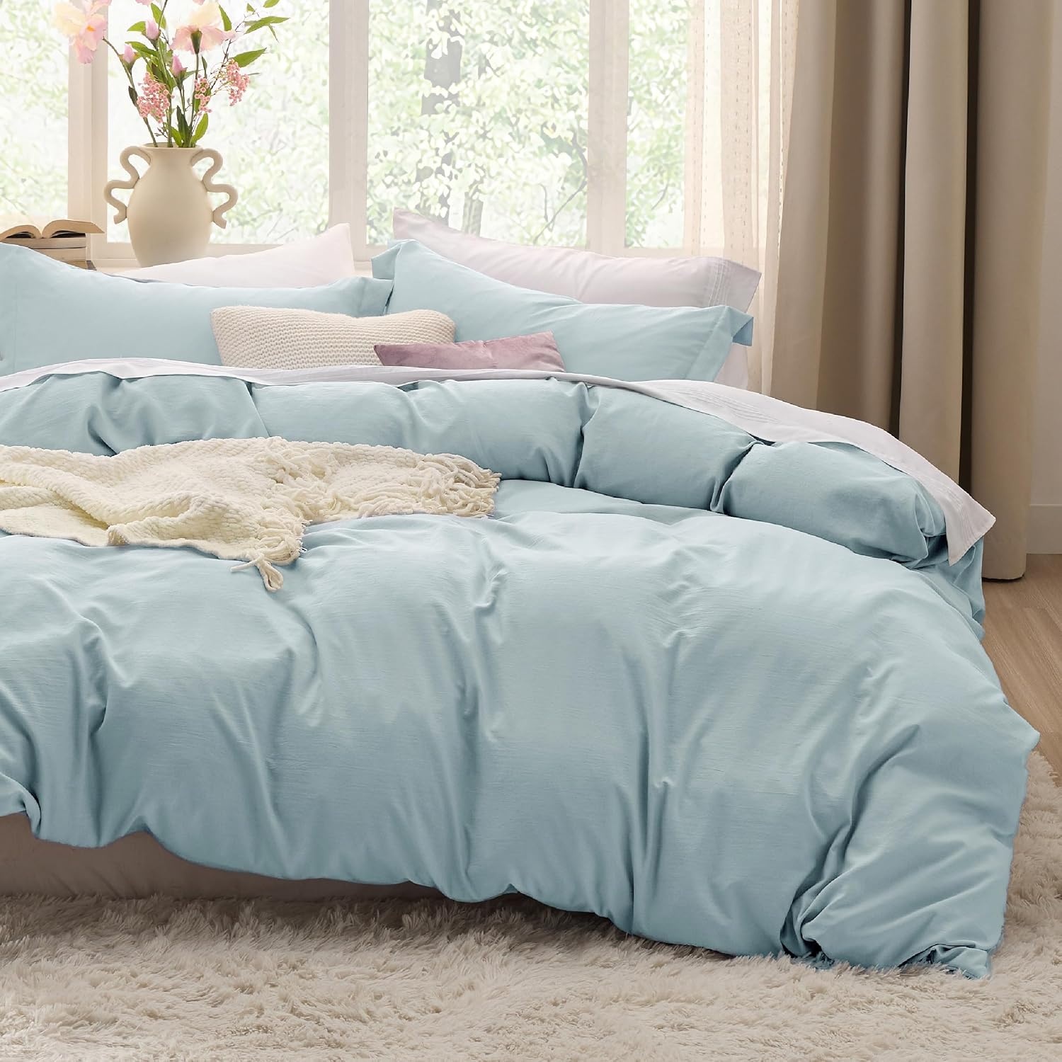image:imageBedsure Tan Gingham Ruffle Duvet Cover SetVintage Farmhouse Bedding Queen05 Baby Blue