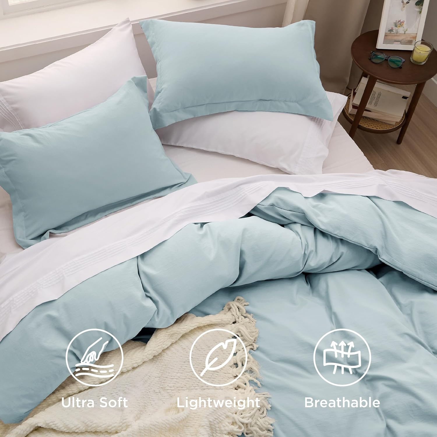 image:imageBedsure Tan Gingham Ruffle Duvet Cover SetVintage Farmhouse Bedding Queen05 Baby Blue