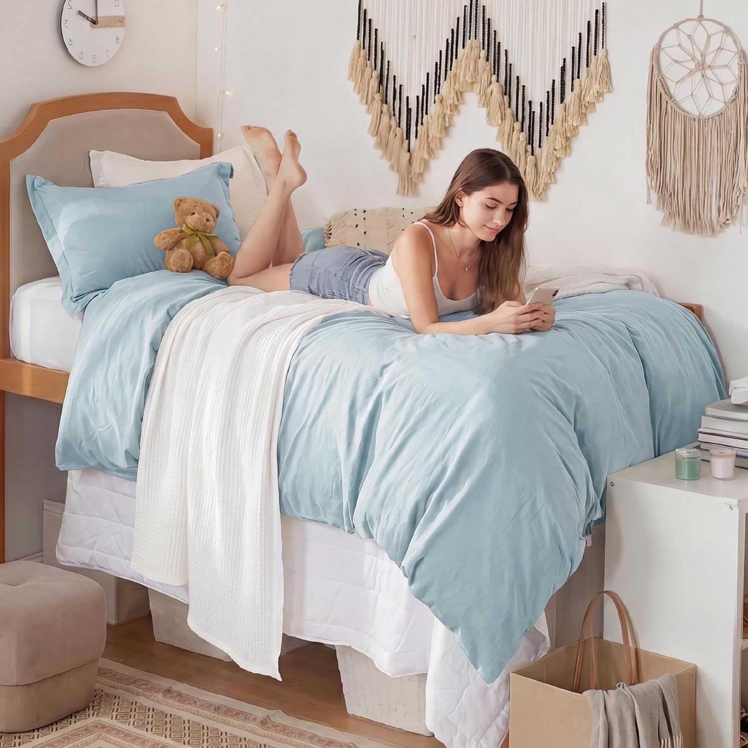 image:imageBedsure Tan Gingham Ruffle Duvet Cover SetVintage Farmhouse Bedding Queen05 Baby Blue
