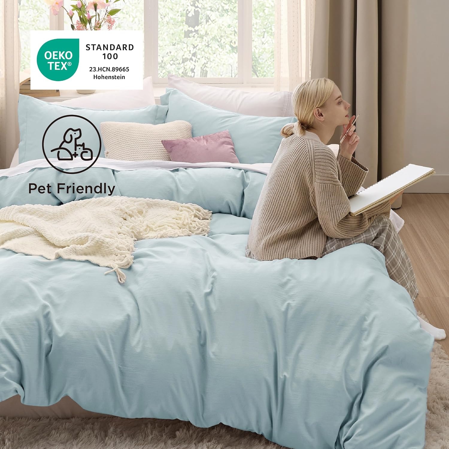 image:imageBedsure Tan Gingham Ruffle Duvet Cover SetVintage Farmhouse Bedding Queen05 Baby Blue
