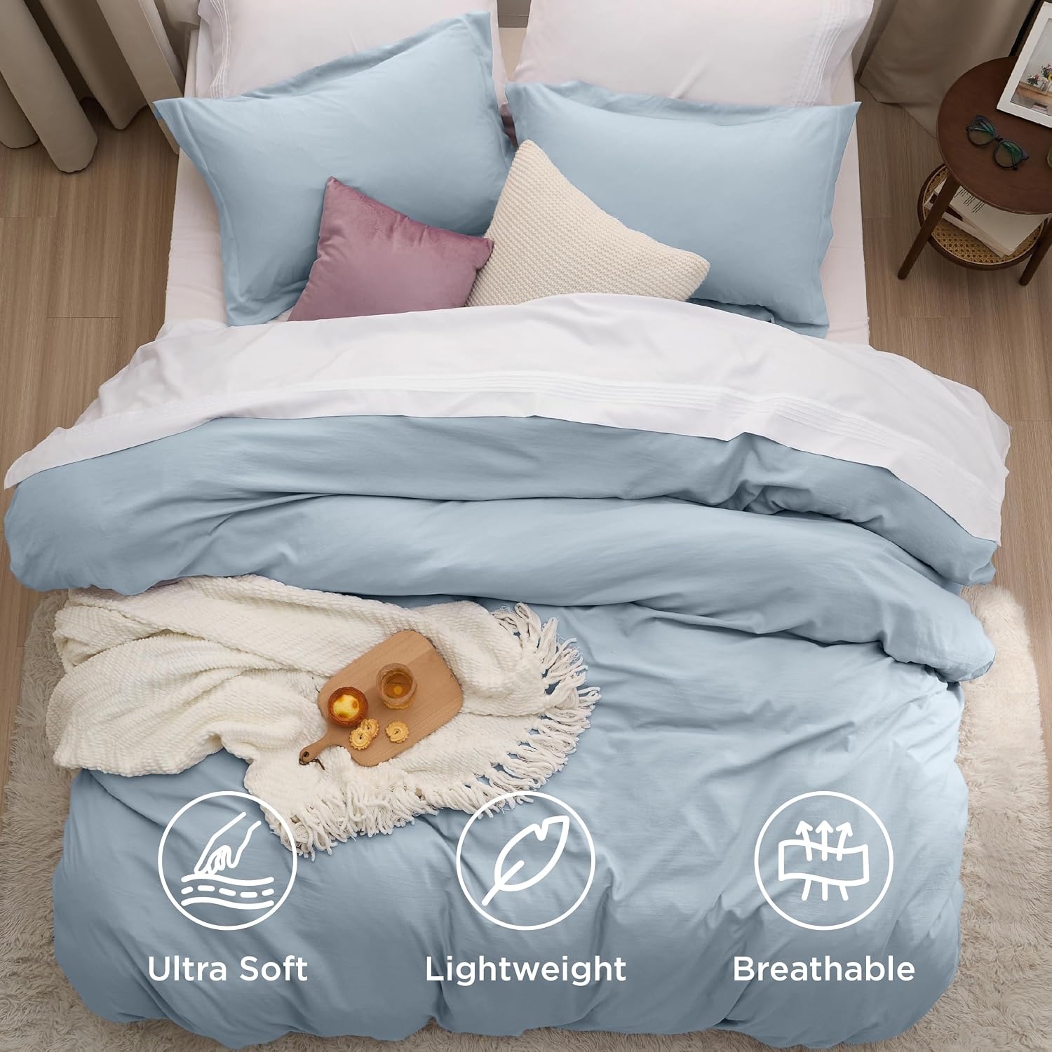 image:imageBedsure Tan Gingham Ruffle Duvet Cover SetVintage Farmhouse Bedding Queen05 Celestial Blue No Comforter