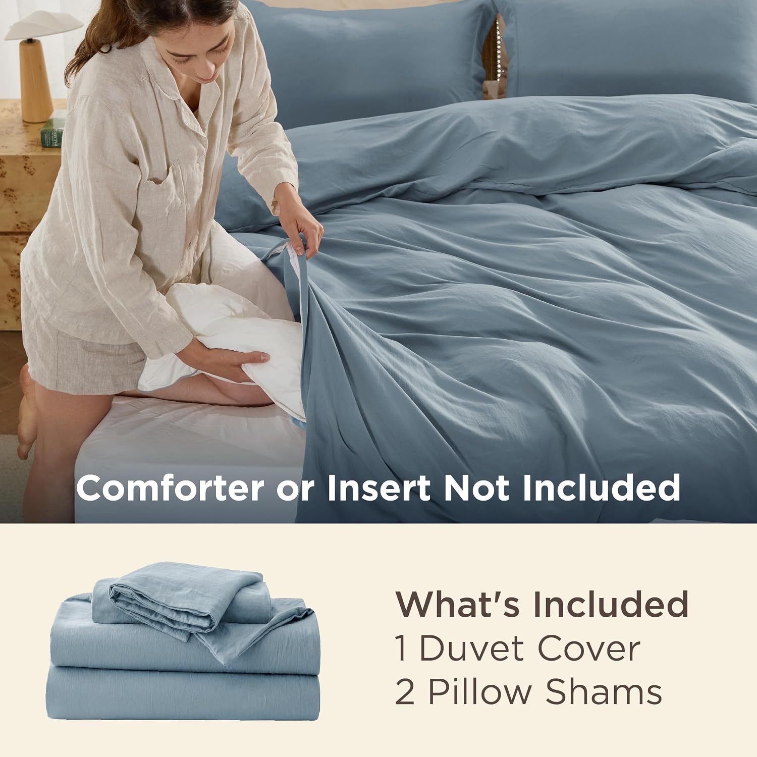 image:imageBedsure Tan Gingham Ruffle Duvet Cover SetVintage Farmhouse Bedding Queen05 Dusty Blue No Comforter