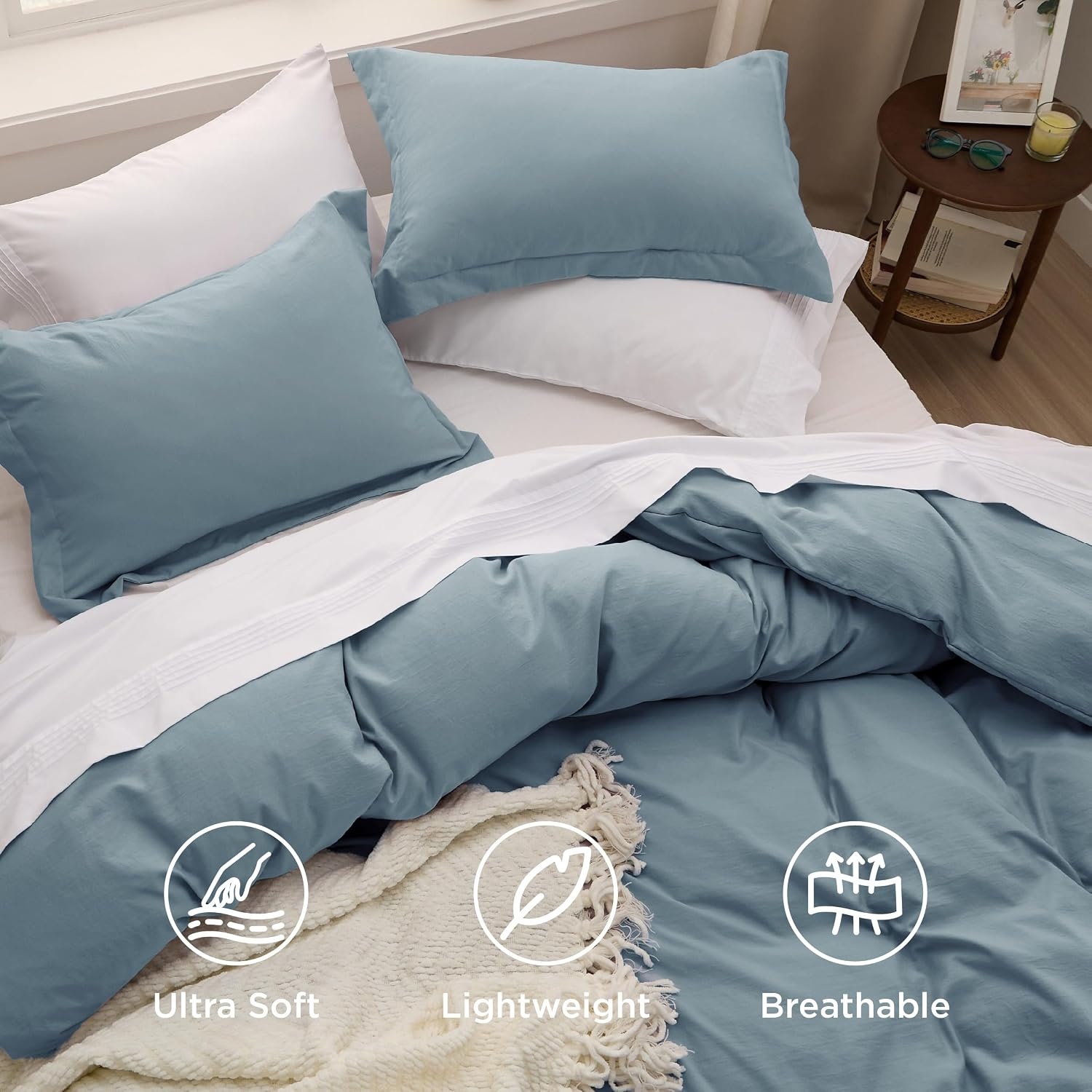 image:imageBedsure Tan Gingham Ruffle Duvet Cover SetVintage Farmhouse Bedding Queen05 Dusty Blue No Comforter