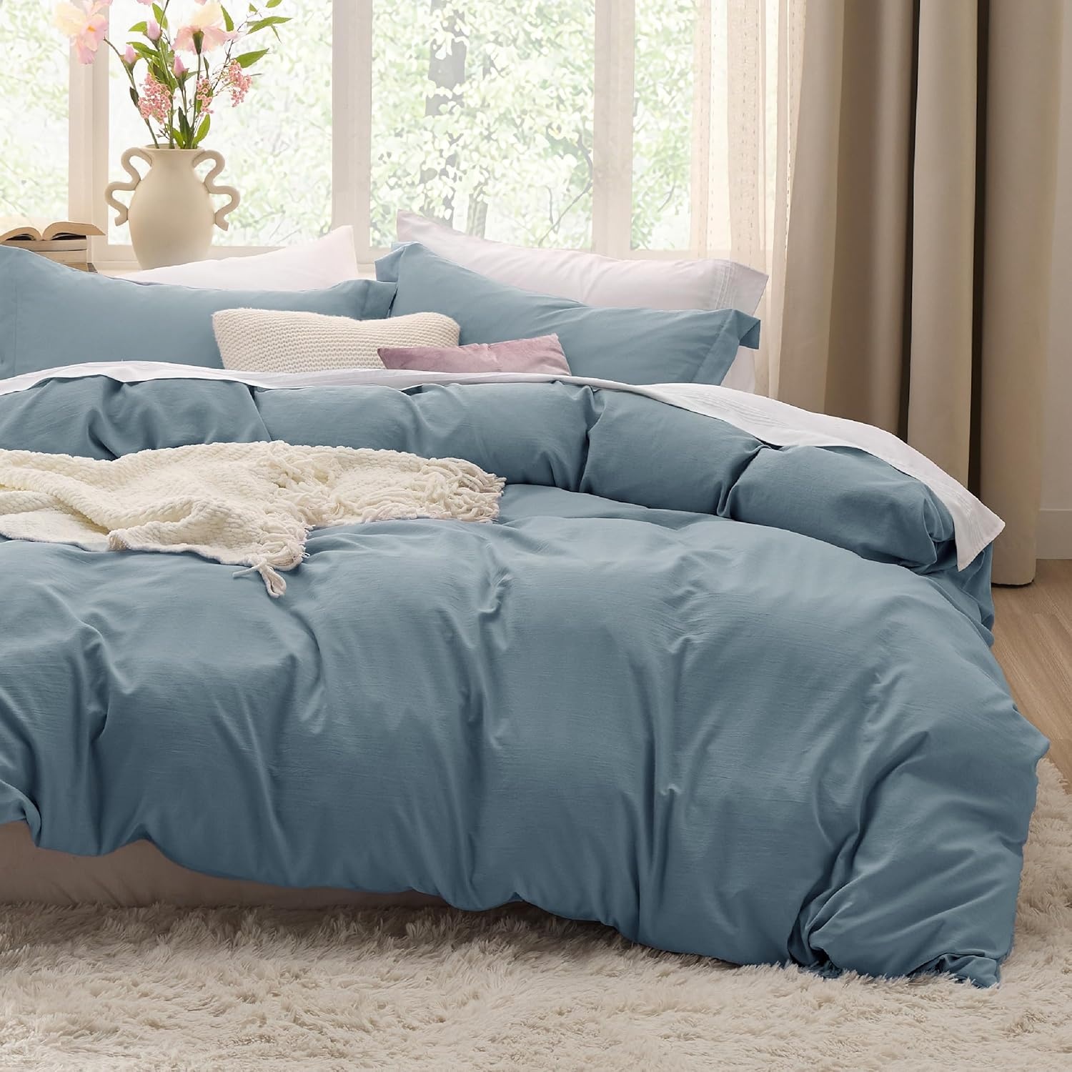 image:imageBedsure Tan Gingham Ruffle Duvet Cover SetVintage Farmhouse Bedding Queen05 Dusty Blue No Comforter