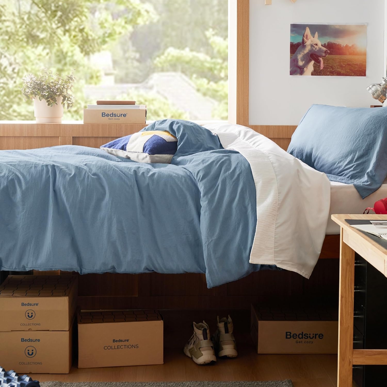 image:imageBedsure Tan Gingham Ruffle Duvet Cover SetVintage Farmhouse Bedding Queen05 Dusty Blue No Comforter