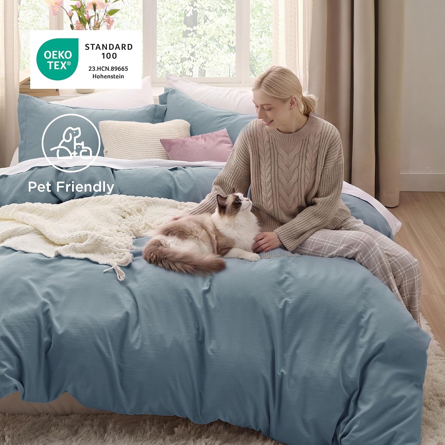 image:imageBedsure Tan Gingham Ruffle Duvet Cover SetVintage Farmhouse Bedding Queen05 Dusty Blue No Comforter