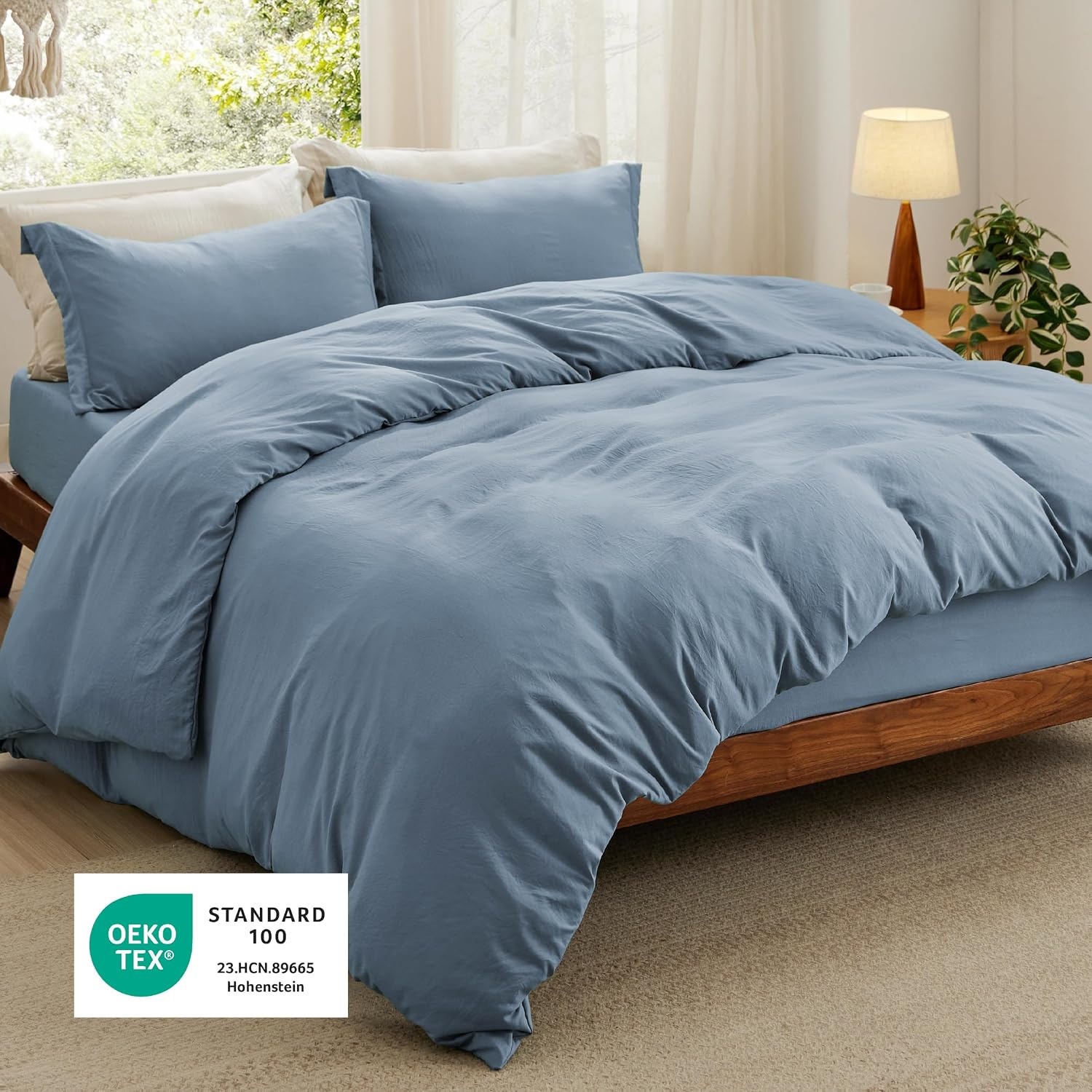 image:imageBedsure Tan Gingham Ruffle Duvet Cover SetVintage Farmhouse Bedding Queen05 Mineral Blue No Comforter