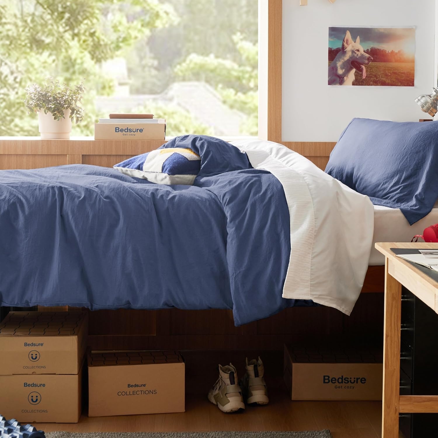 image:imageBedsure Tan Gingham Ruffle Duvet Cover SetVintage Farmhouse Bedding Queen05 Slate Blue No Comforter