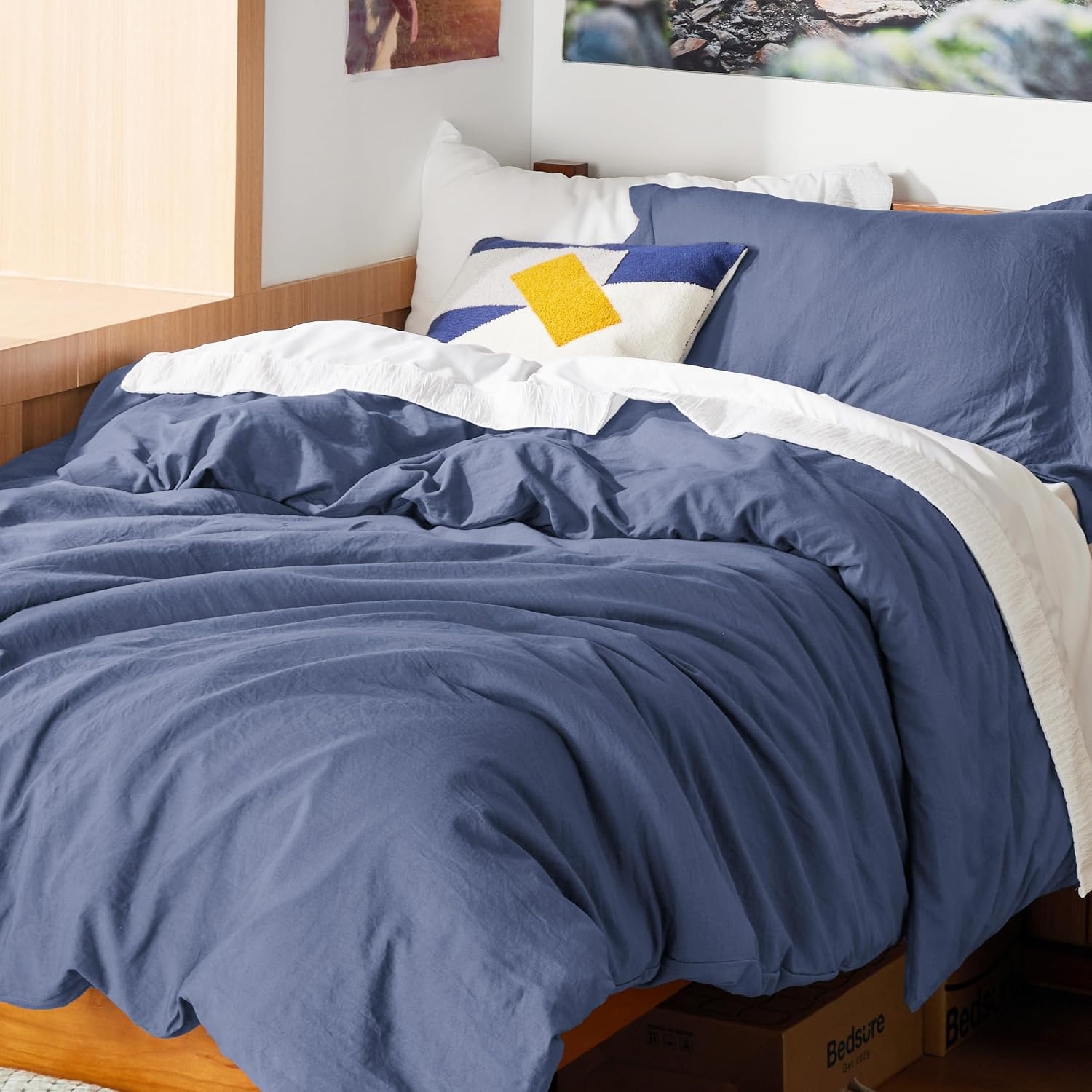 image:imageBedsure Tan Gingham Ruffle Duvet Cover SetVintage Farmhouse Bedding Queen05 Slate Blue No Comforter