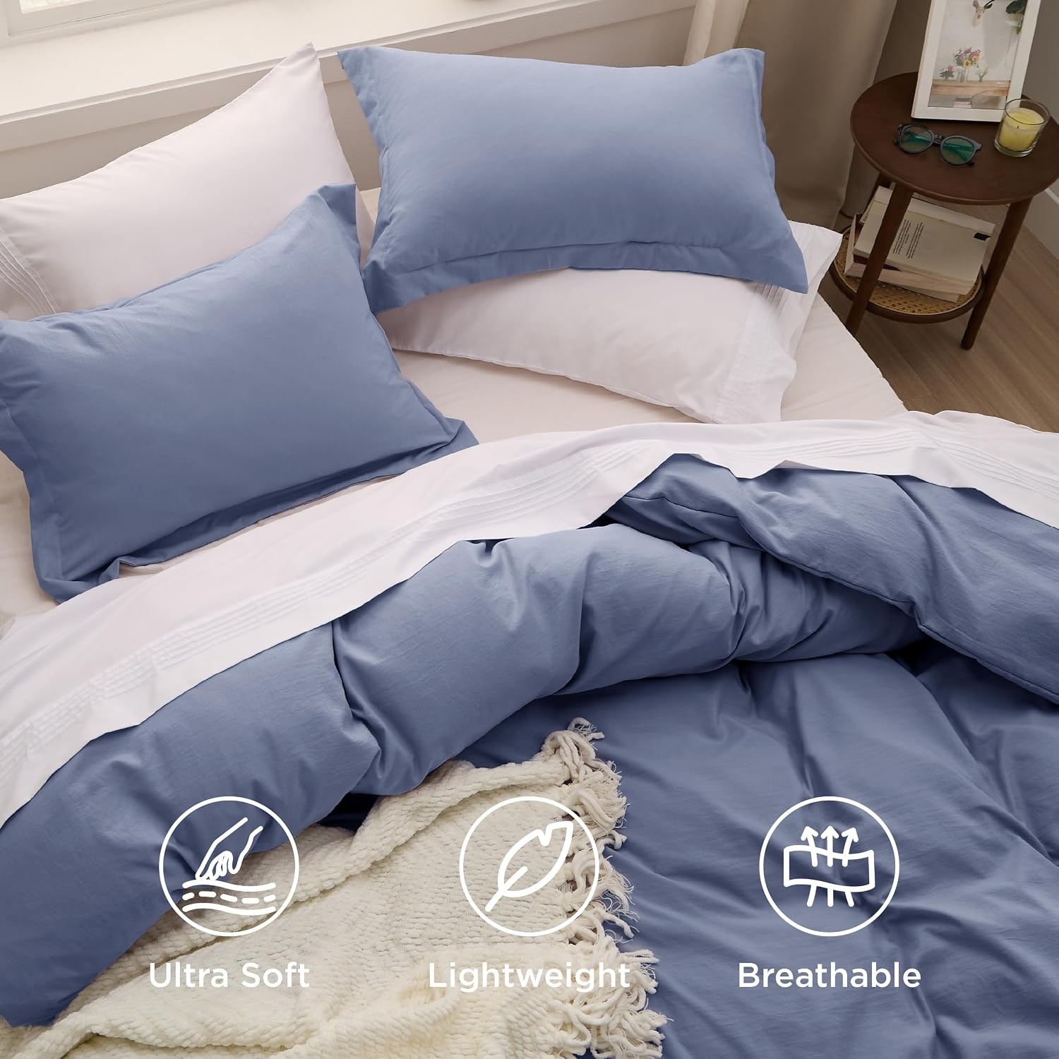 image:imageBedsure Tan Gingham Ruffle Duvet Cover SetVintage Farmhouse Bedding Queen05 Slate Blue No Comforter