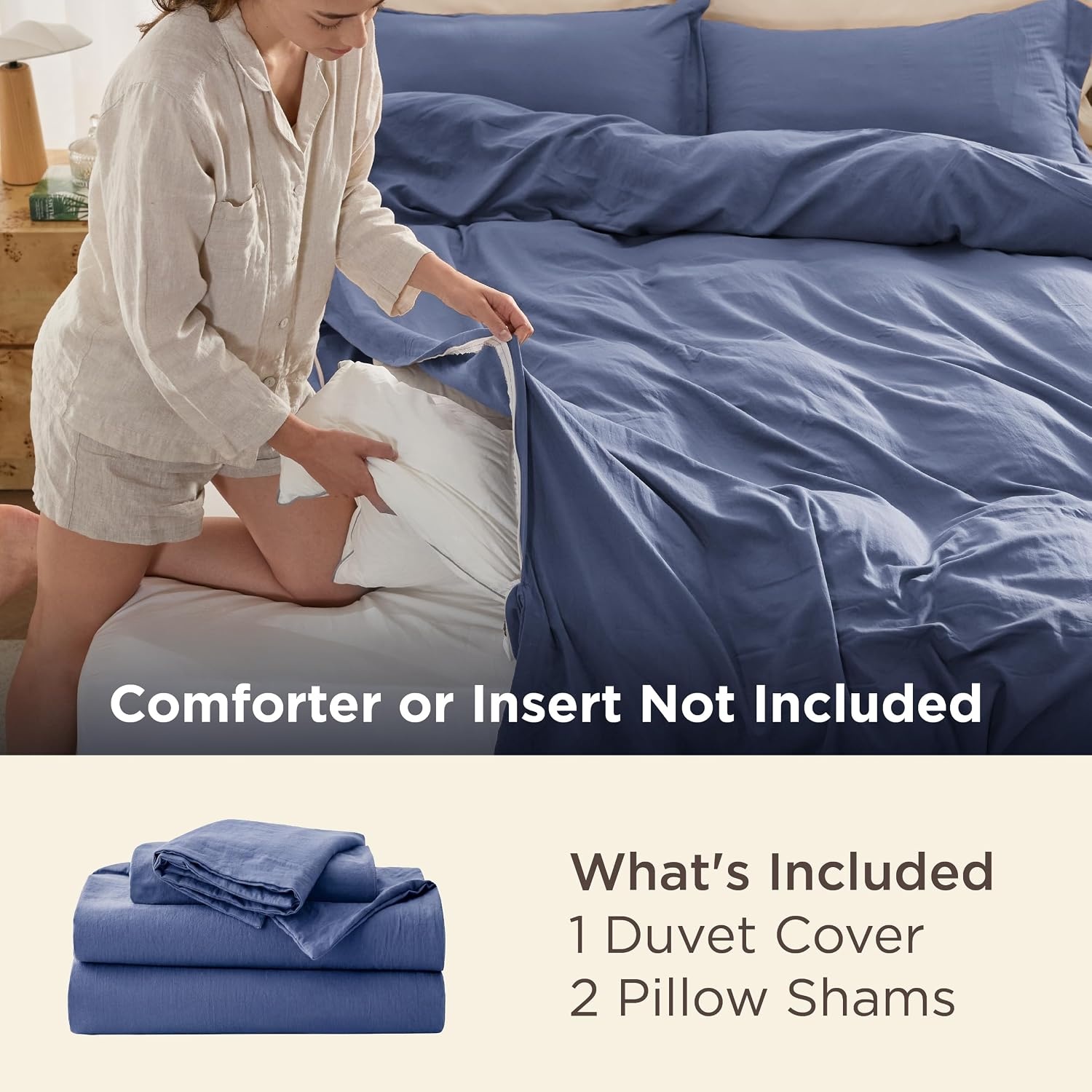 image:imageBedsure Tan Gingham Ruffle Duvet Cover SetVintage Farmhouse Bedding Queen05 Slate Blue No Comforter