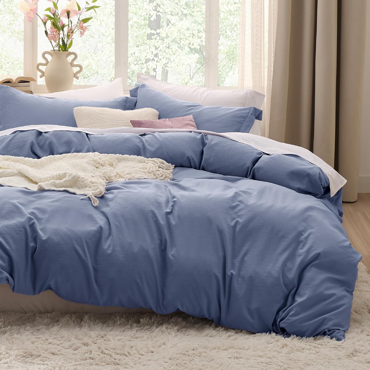 image:imageBedsure Tan Gingham Ruffle Duvet Cover SetVintage Farmhouse Bedding Queen05 Slate Blue No Comforter