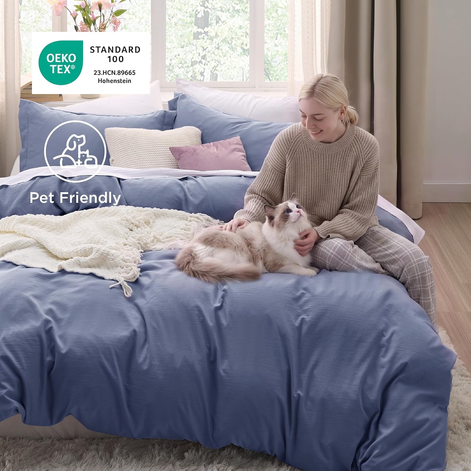 image:imageBedsure Tan Gingham Ruffle Duvet Cover SetVintage Farmhouse Bedding Queen05 Slate Blue No Comforter