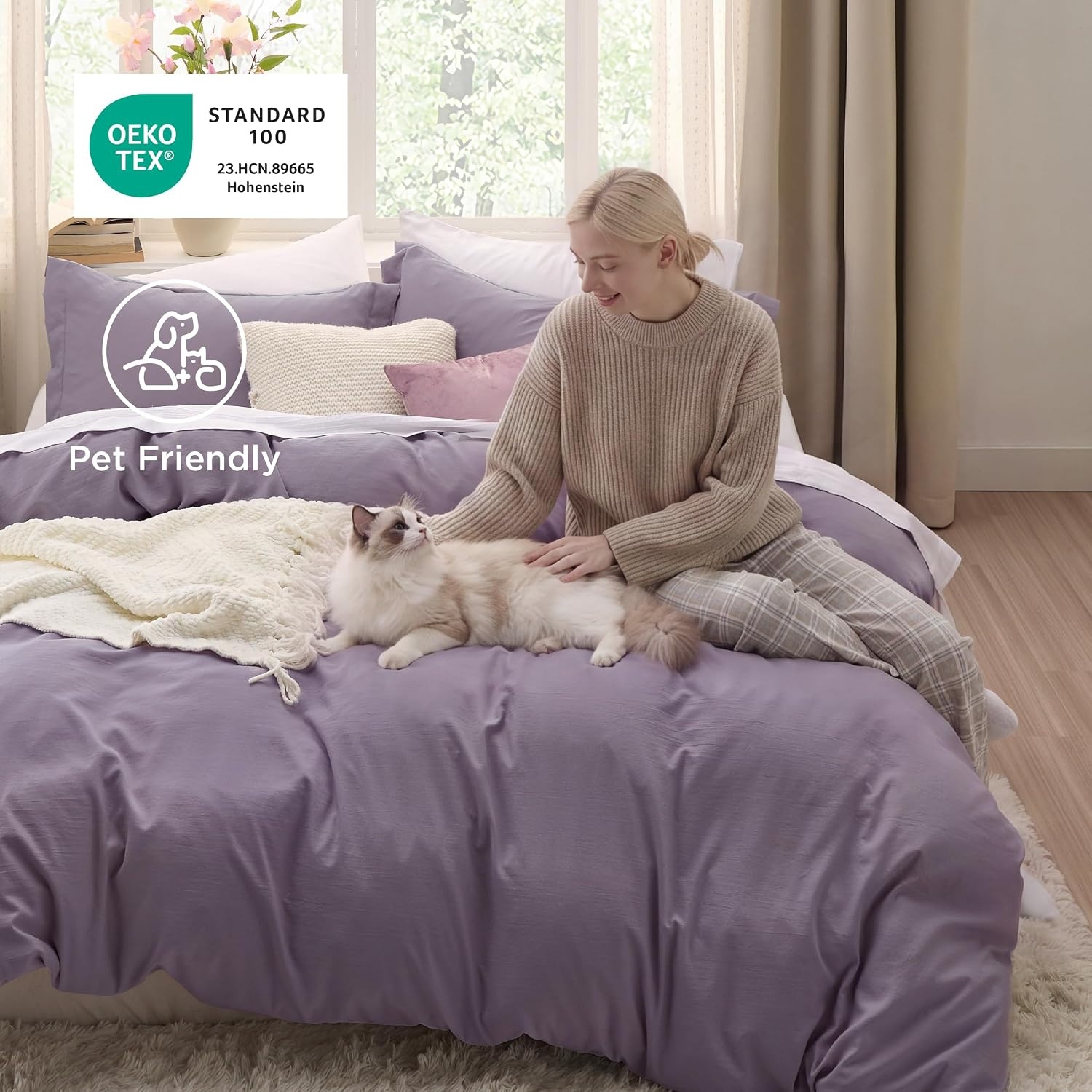 image:imageBedsure Tan Gingham Ruffle Duvet Cover SetVintage Farmhouse Bedding Queen06 Dusty Purple No Comforter