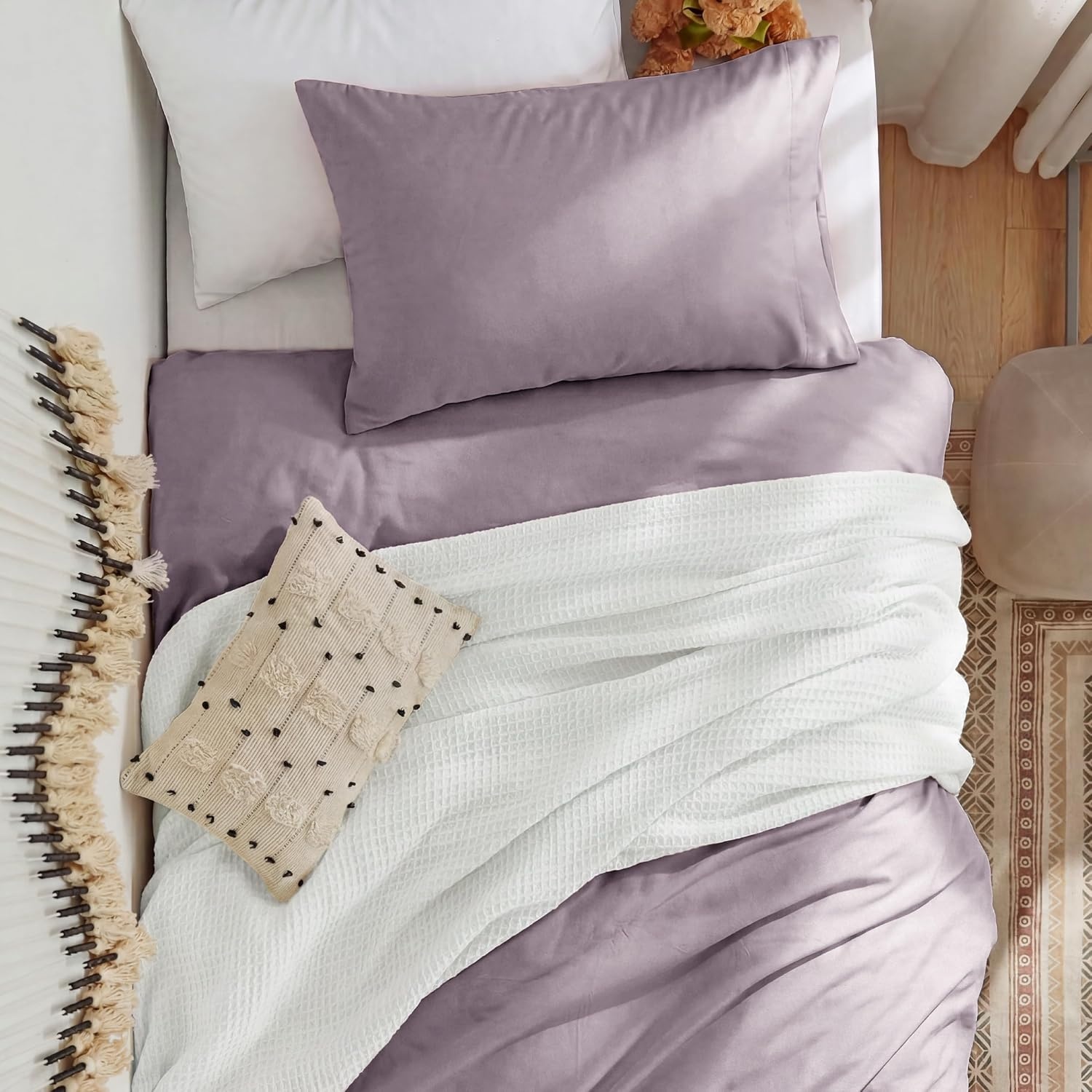 image:imageBedsure Tan Gingham Ruffle Duvet Cover SetVintage Farmhouse Bedding Queen06 Lilac Purple No Comforter