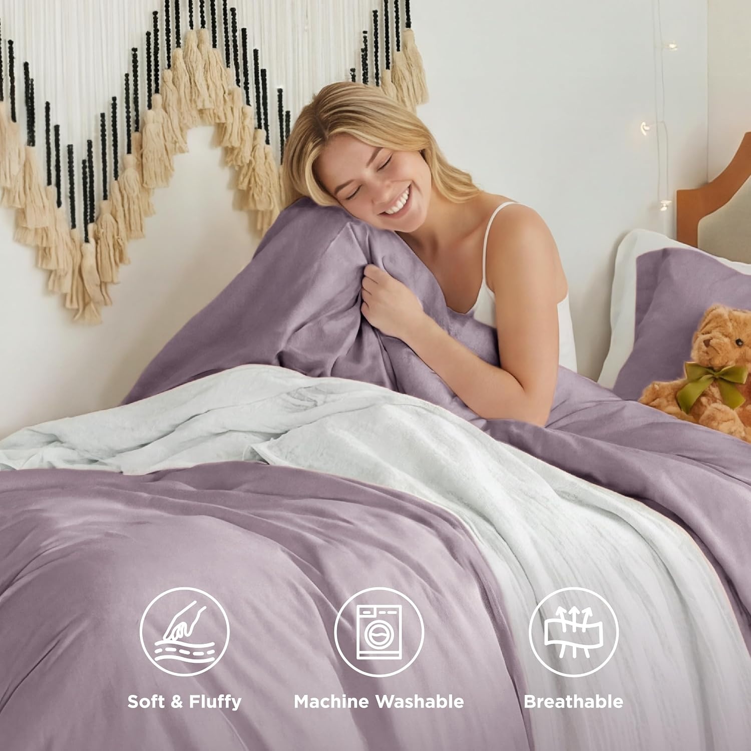 image:imageBedsure Tan Gingham Ruffle Duvet Cover SetVintage Farmhouse Bedding Queen06 Lilac Purple No Comforter