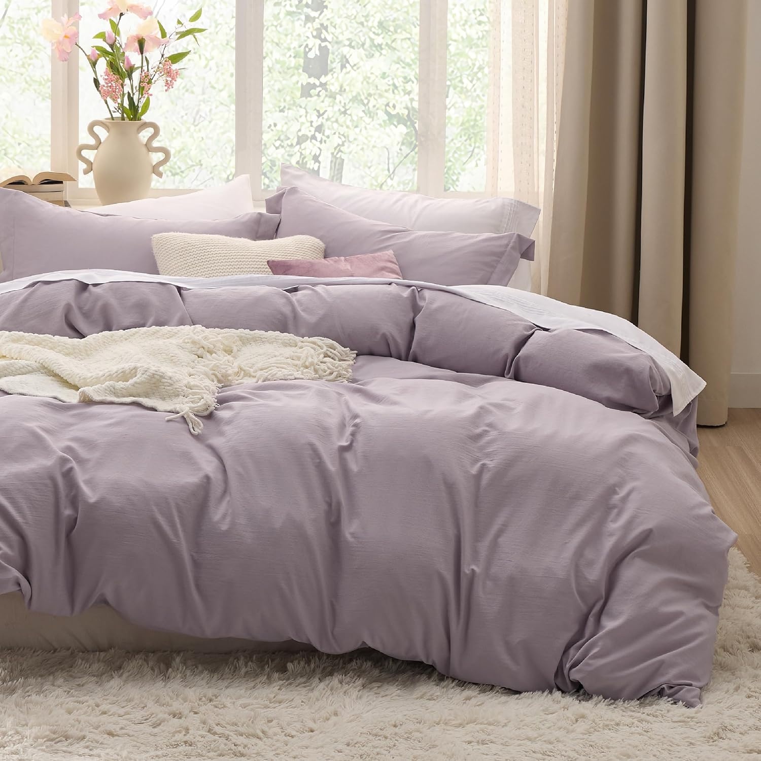 image:imageBedsure Tan Gingham Ruffle Duvet Cover SetVintage Farmhouse Bedding Queen06 Lilac Purple No Comforter
