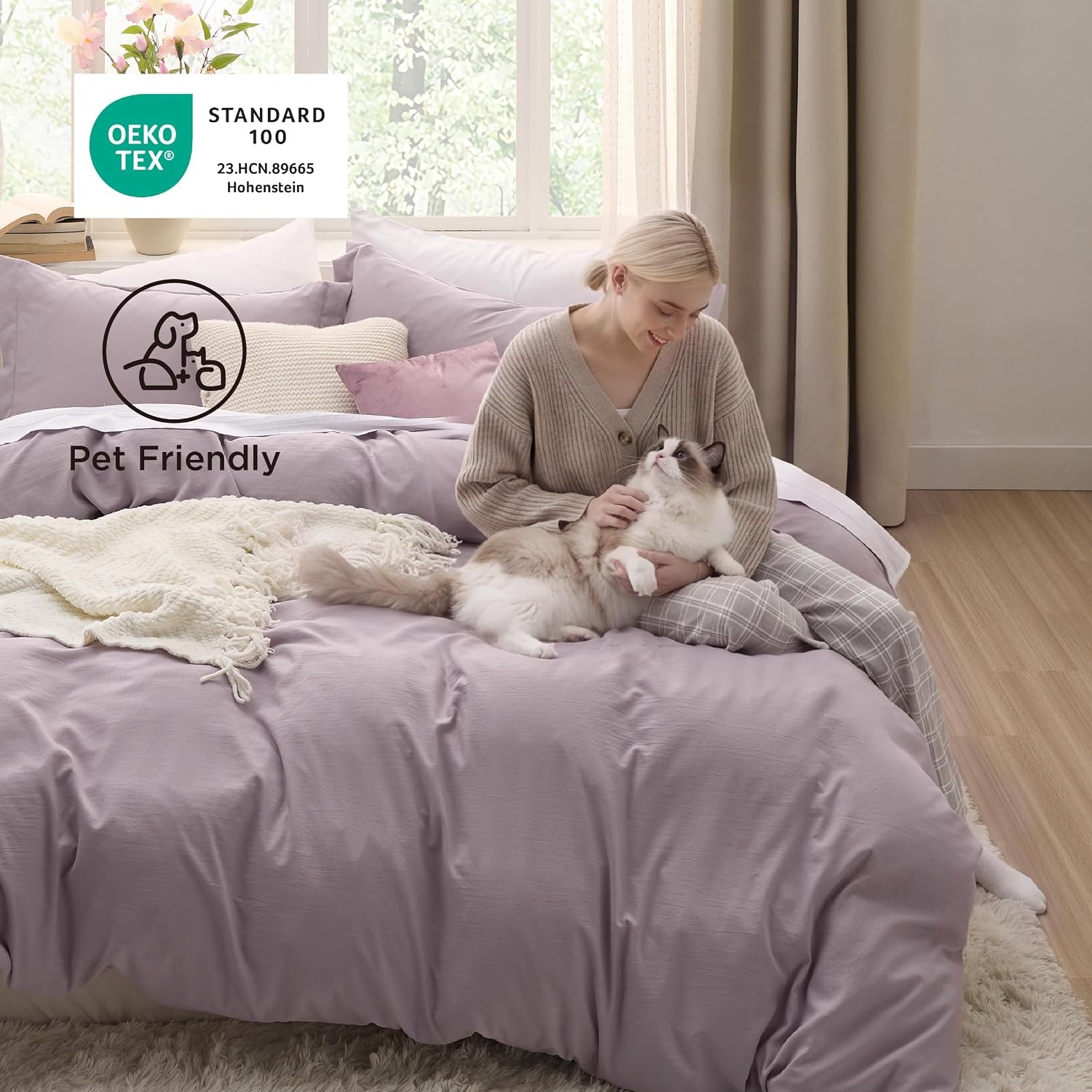 image:imageBedsure Tan Gingham Ruffle Duvet Cover SetVintage Farmhouse Bedding Queen06 Lilac Purple No Comforter