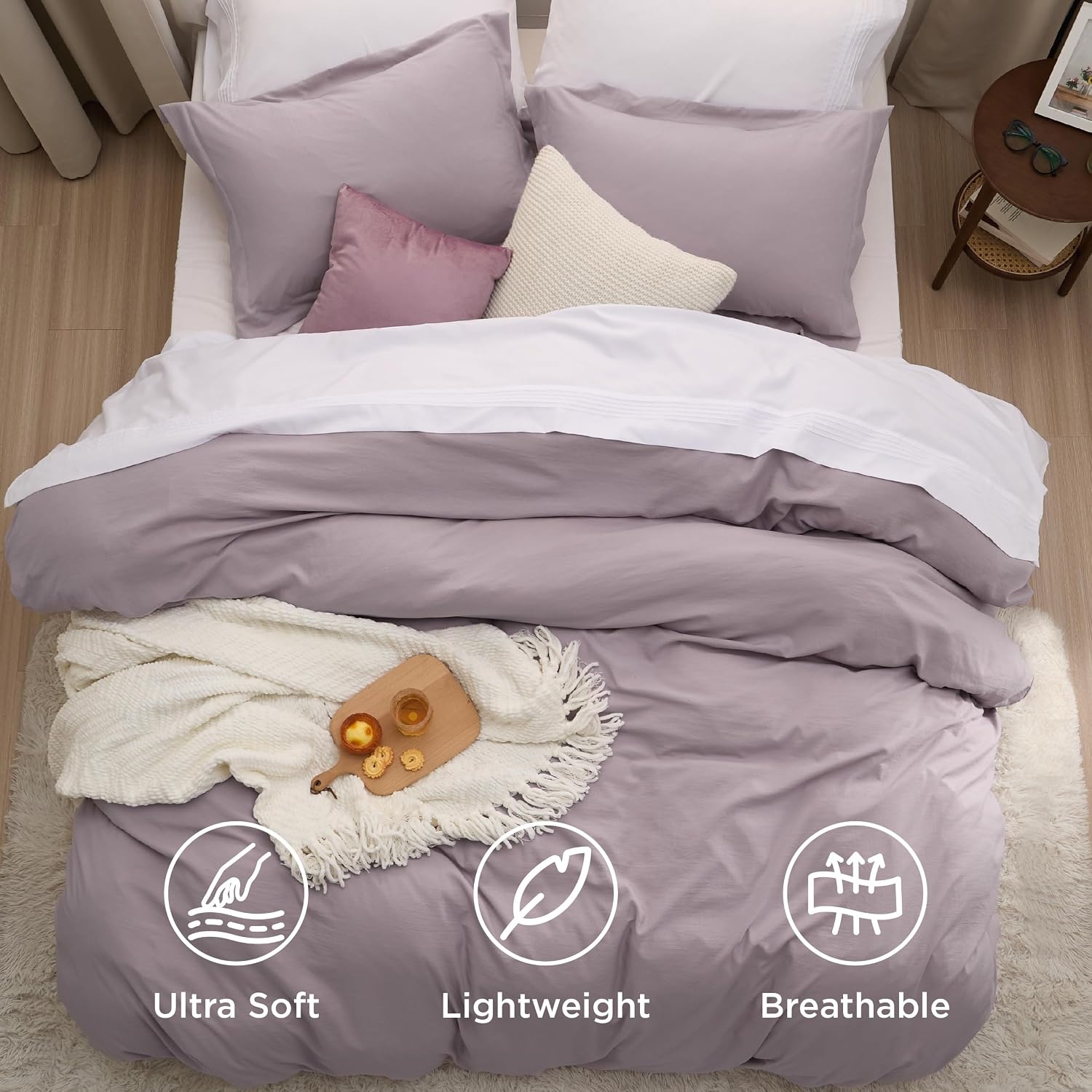 image:imageBedsure Tan Gingham Ruffle Duvet Cover SetVintage Farmhouse Bedding Queen06 Lilac Purple No Comforter